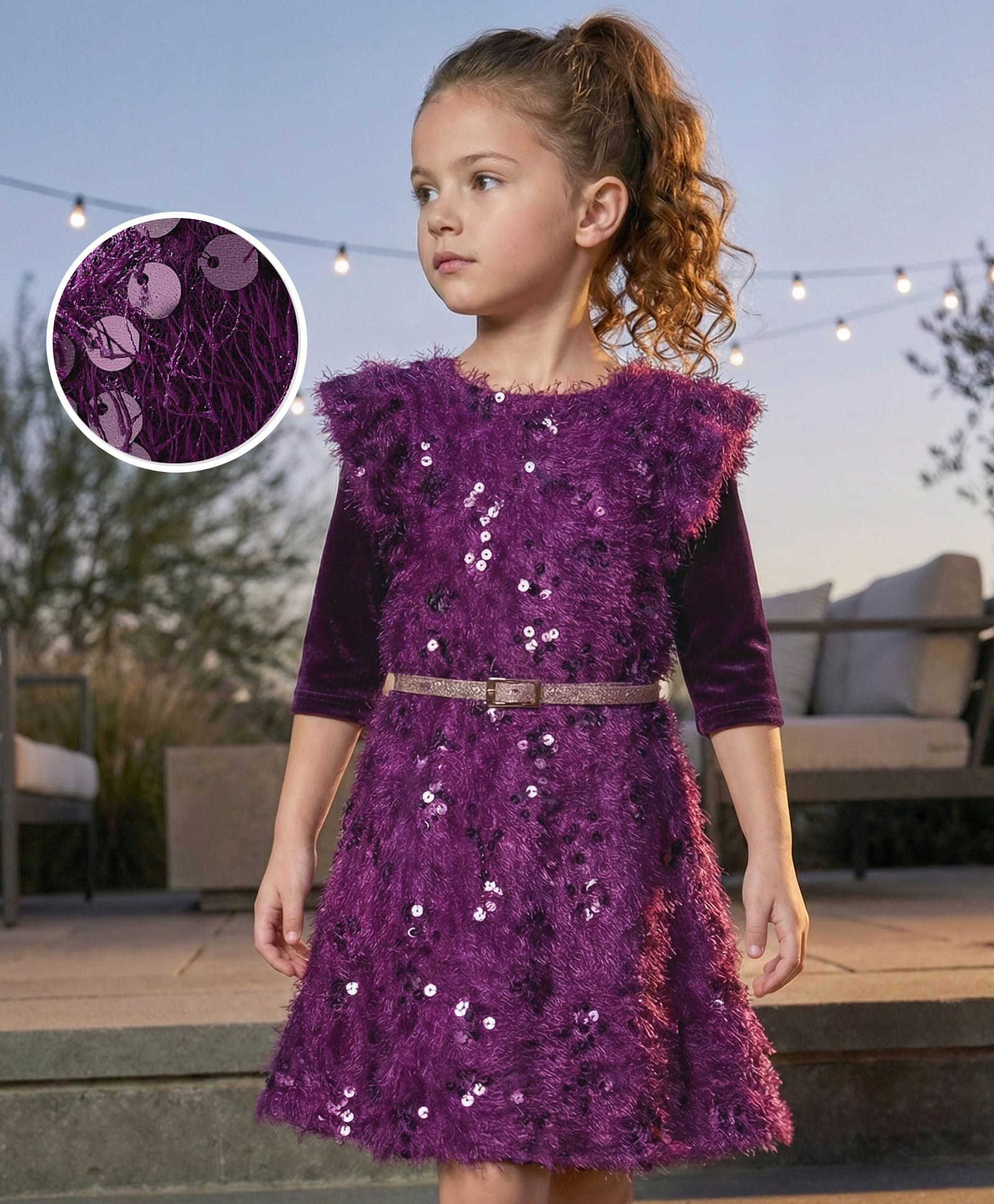 Hola Bonita Knit Long Sleeves Velvet Long Inner Tee with Sequinned Party Dress With Belt- Purple-image-4