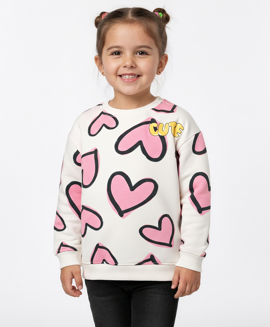 Bonfino 100% Cotton Knit Full Sleeves Oversized Sweatshirt With Heart Print - Ivory-image-28