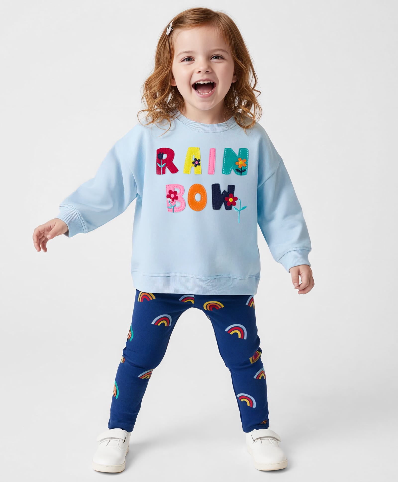 Bonfino 100% Cotton Knit French Terry Full Sleeves Oversized Sweatshirt with Leggings Set with Rainbow Text & Print - Blue & Navy Blue-picture-18