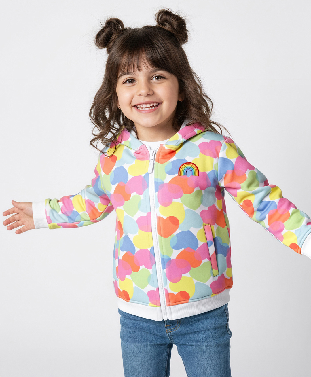 Bonfino 100% Cotton French Terry Knit Full Sleeves Oversized Hooded Sweatjacket With Heart Print & Rainbow Embroidery - White-picture-28