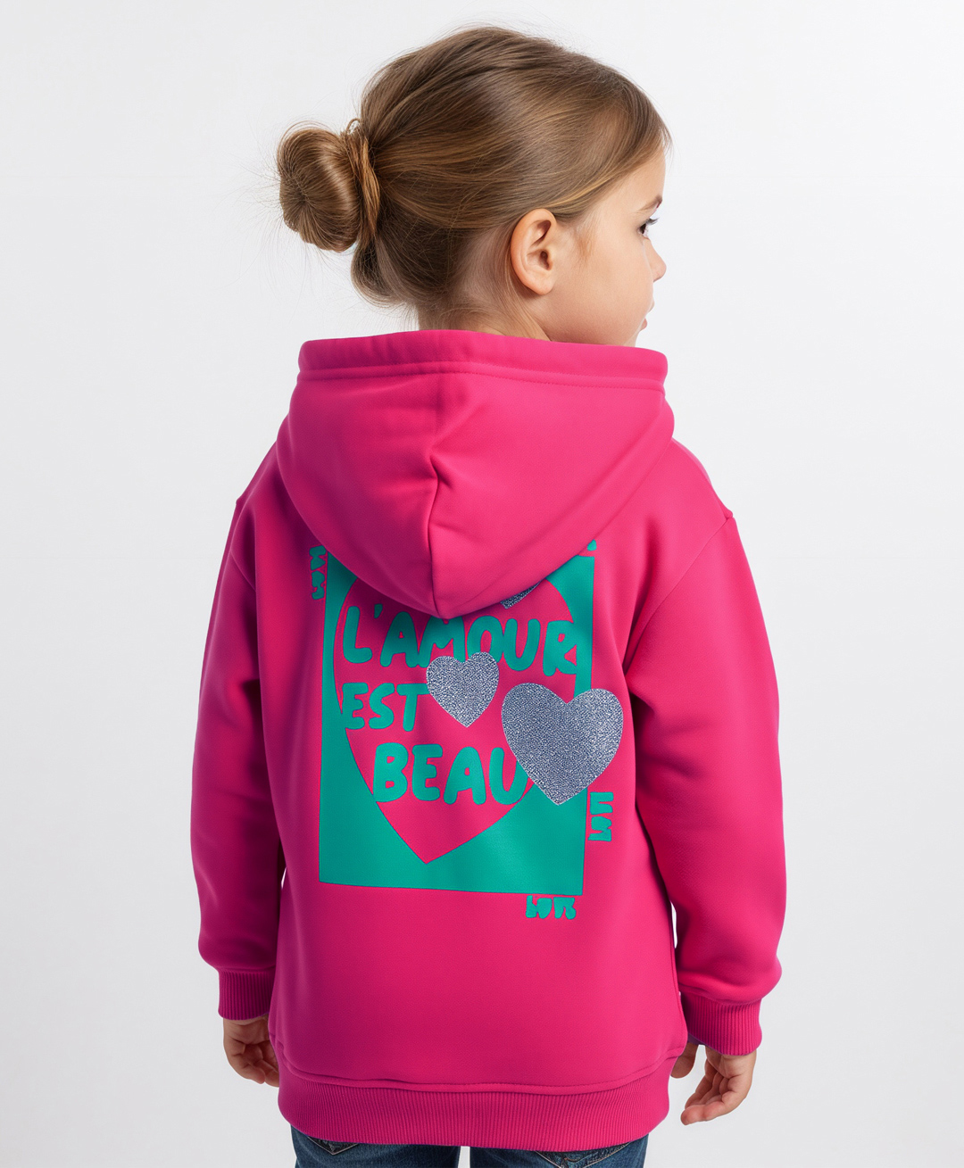 Bonfino 100% Cotton French Terry Knit Full Sleeves Oversized Hooded Sweatjacket With Front & Back Love Print & Kangaroo Pockets - Dark Pink-image-22
