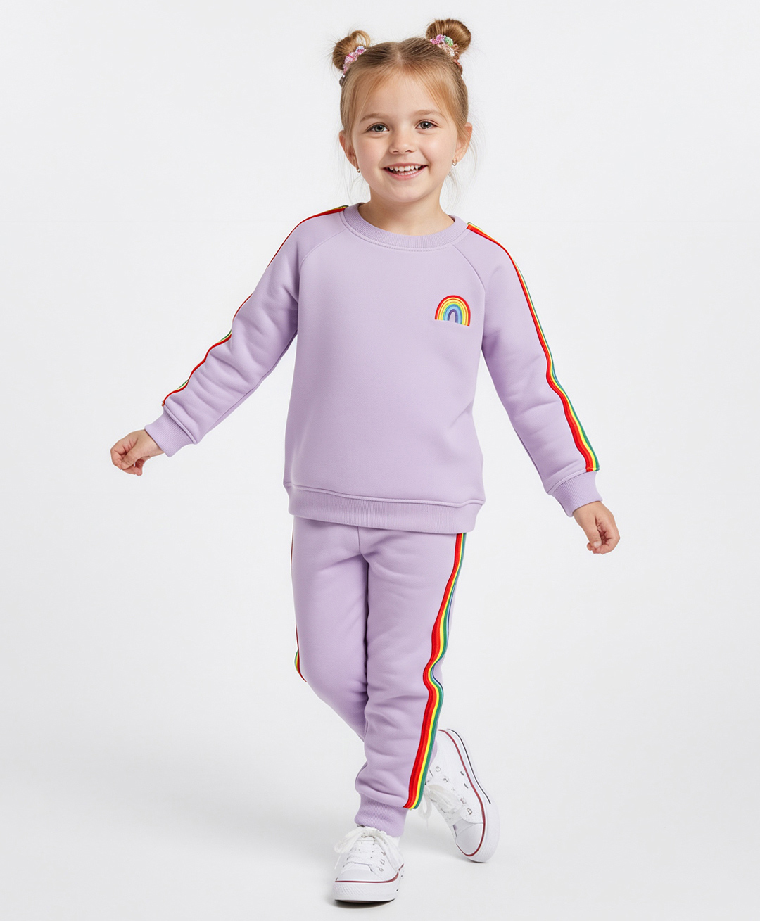 Bonfino 100% Cotton French Terry Knit Oversized Full Raglan Sleeves Oversized Sweatshirt with Joggers Set with Tape Detailing & Rainbow Print - Lavender-image-46