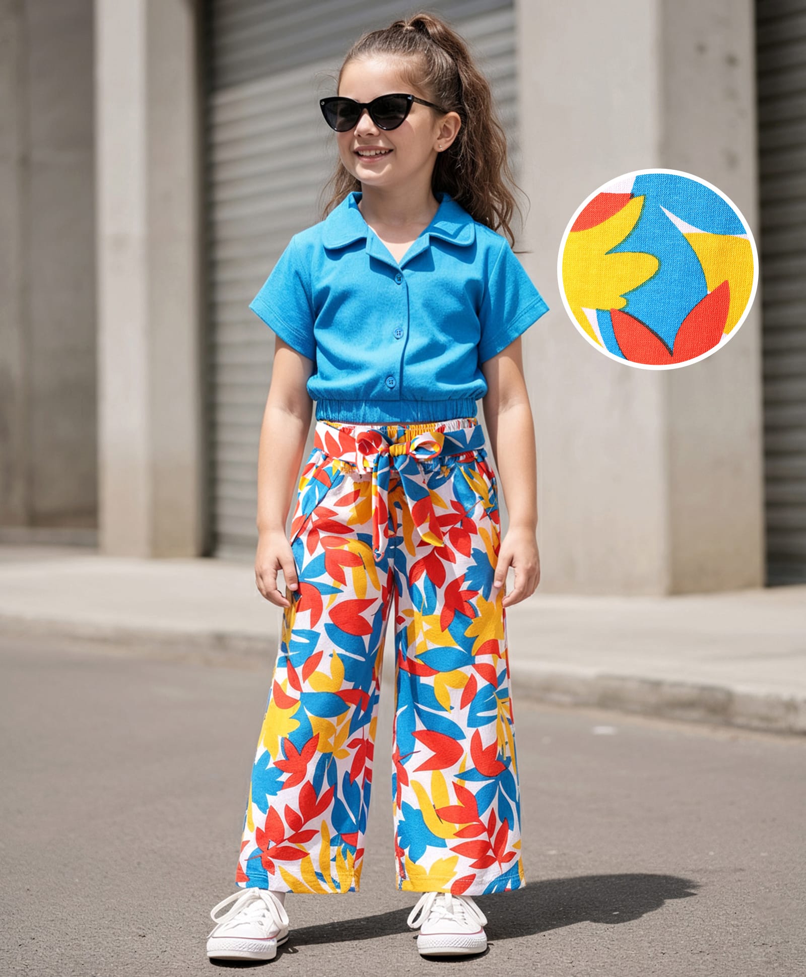 OLLINGTON ST. Cotton Knit Half Sleeves Top & Floral Printed Knit Culottes Set with Belt - Blue & Multicolor-picture-26