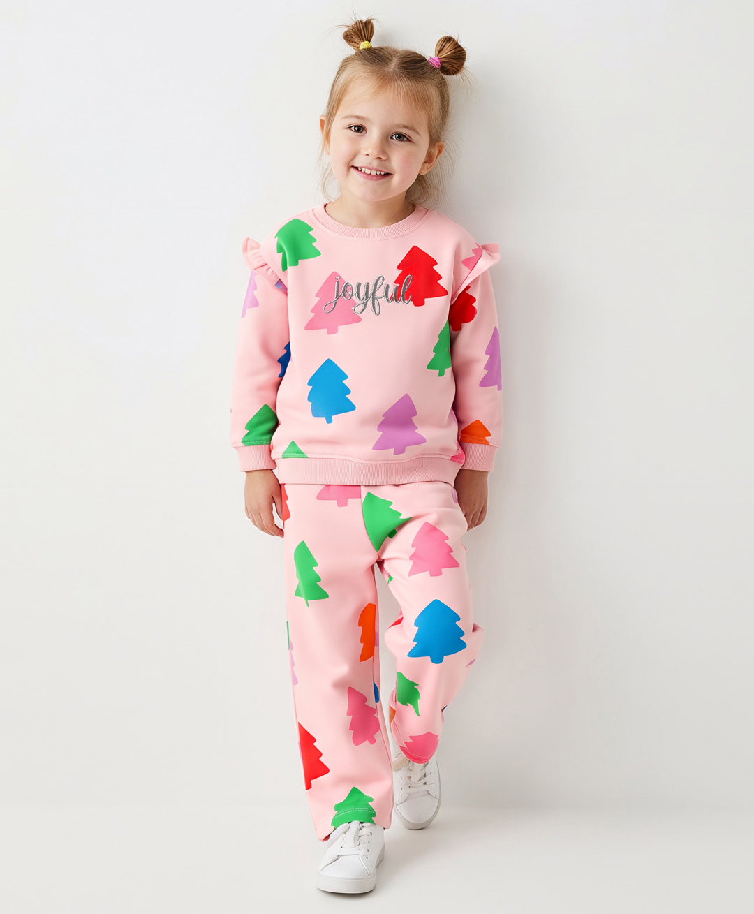 Bonfino 100% Cotton French Terry Knit Full Sleeves Oversized Sweatshirt & Wide Leg Leggings Co-Ord Set With Tree Print - Pink-image-46