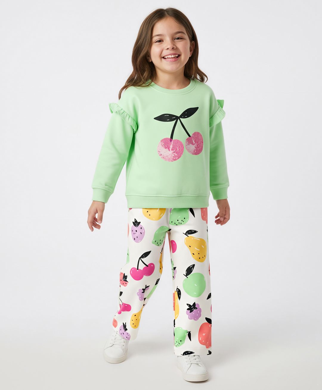 Bonfino 100% Cotton Knit French Terry Full Sleeves Oversized Sweatshirt & Wide Leg Leggings Set with Fruit Print - Light Green & Offwhite-image-45