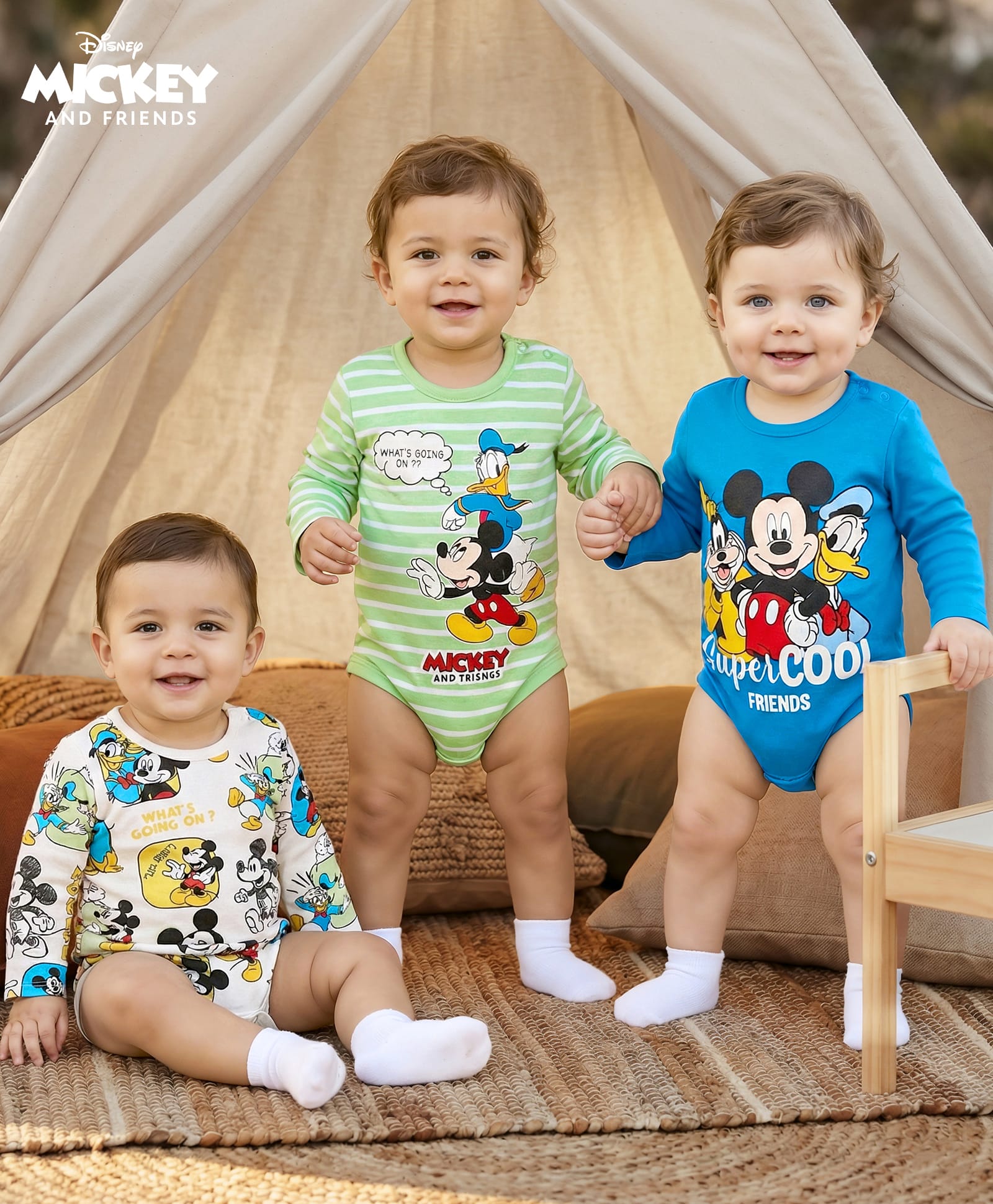 Babyhug Disney Interlock Knit Full Sleeves Onesies with Mickey Mouse Graphics Pack of 3 - White Blue & Green-picture-22