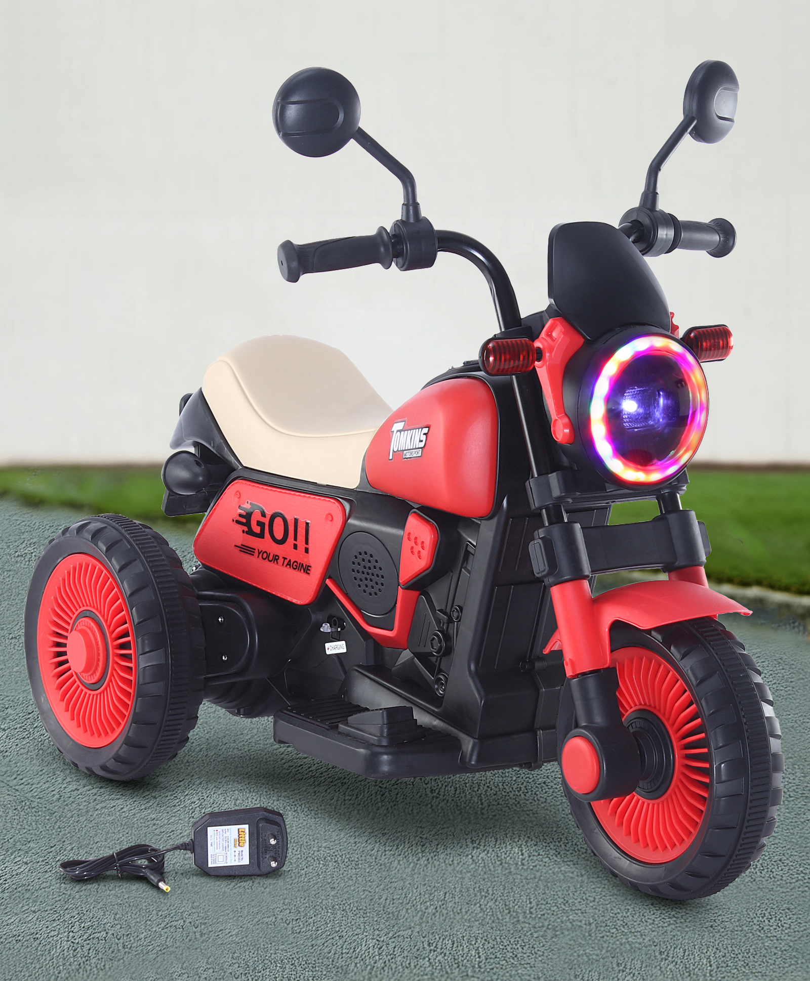 Baby Harley Three Wheel Battery Operated Ride on Bike with Music & Lights| Pre-loaded Music with USB & AUX| Easy to Assemble| Comfortable Seat| Easy to Operate - Red-image-46