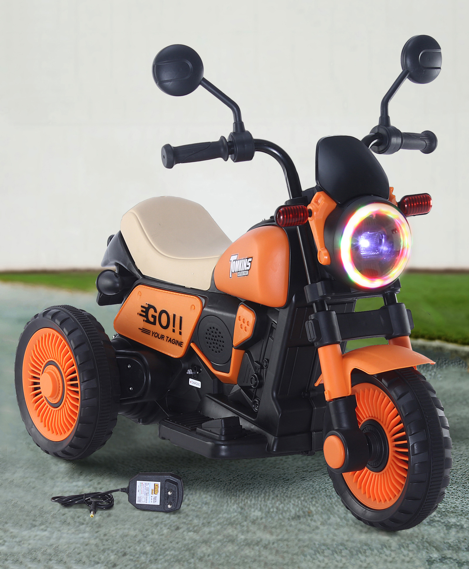 Baby Harley Three Wheel Battery Operated Ride on Bike with Music & Lights| Pre-loaded Music with USB & AUX| Easy to Assemble| Comfortable Seat| Easy to Operate - Orange-image-2