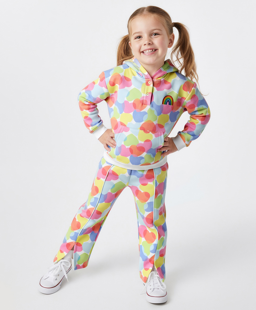 Bonfino 100% Cotton Knit French Terry Full Sleeves Oversized Hooded Sweatshirt & Wide Legged Leggings Set with Heart Print - White Pink & Lavender-image-33