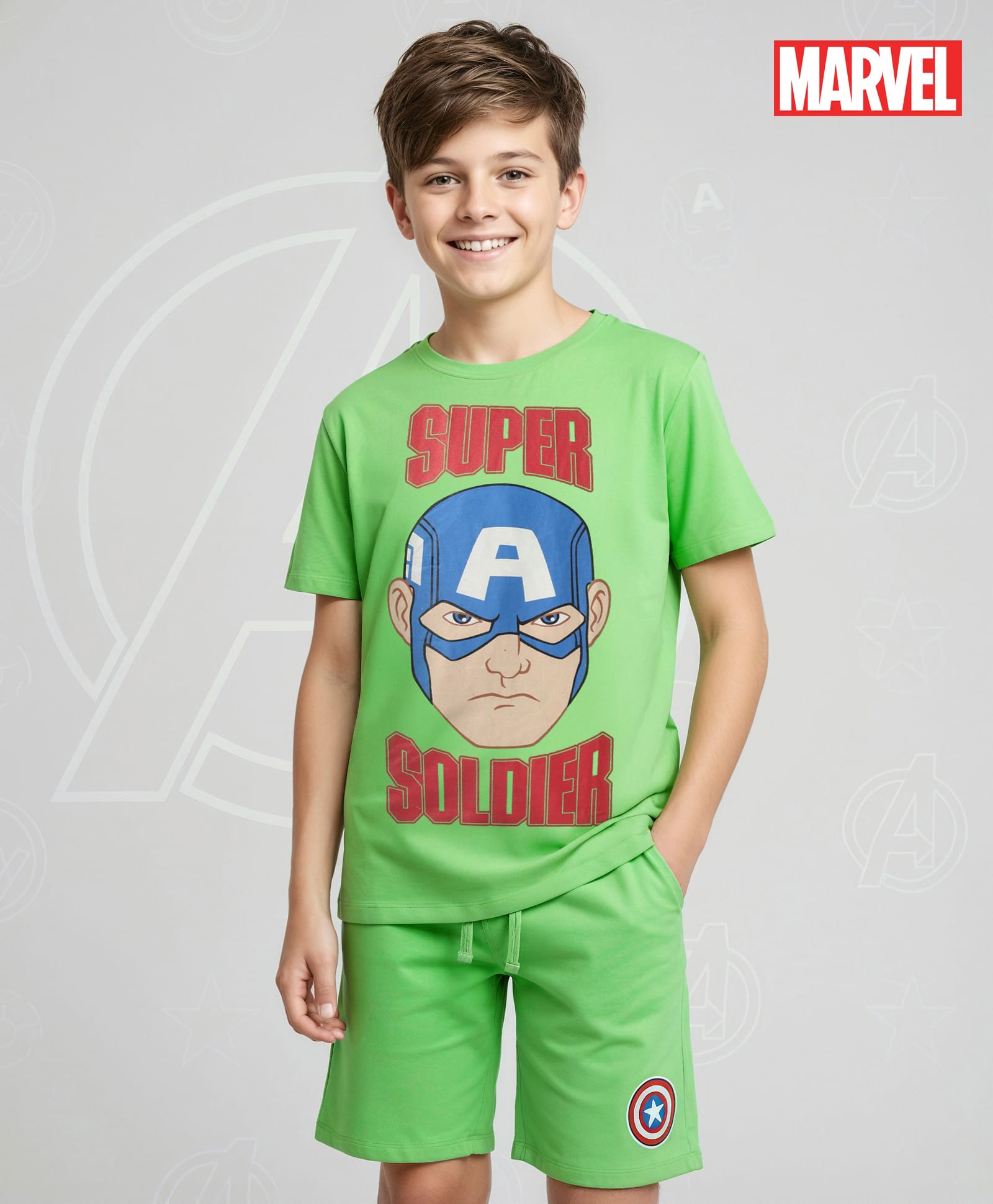 Pine Kids Marvel Single Jersey Knit Half Sleeves Shorts Night Suit With Captain America Graphics - Green-image-32