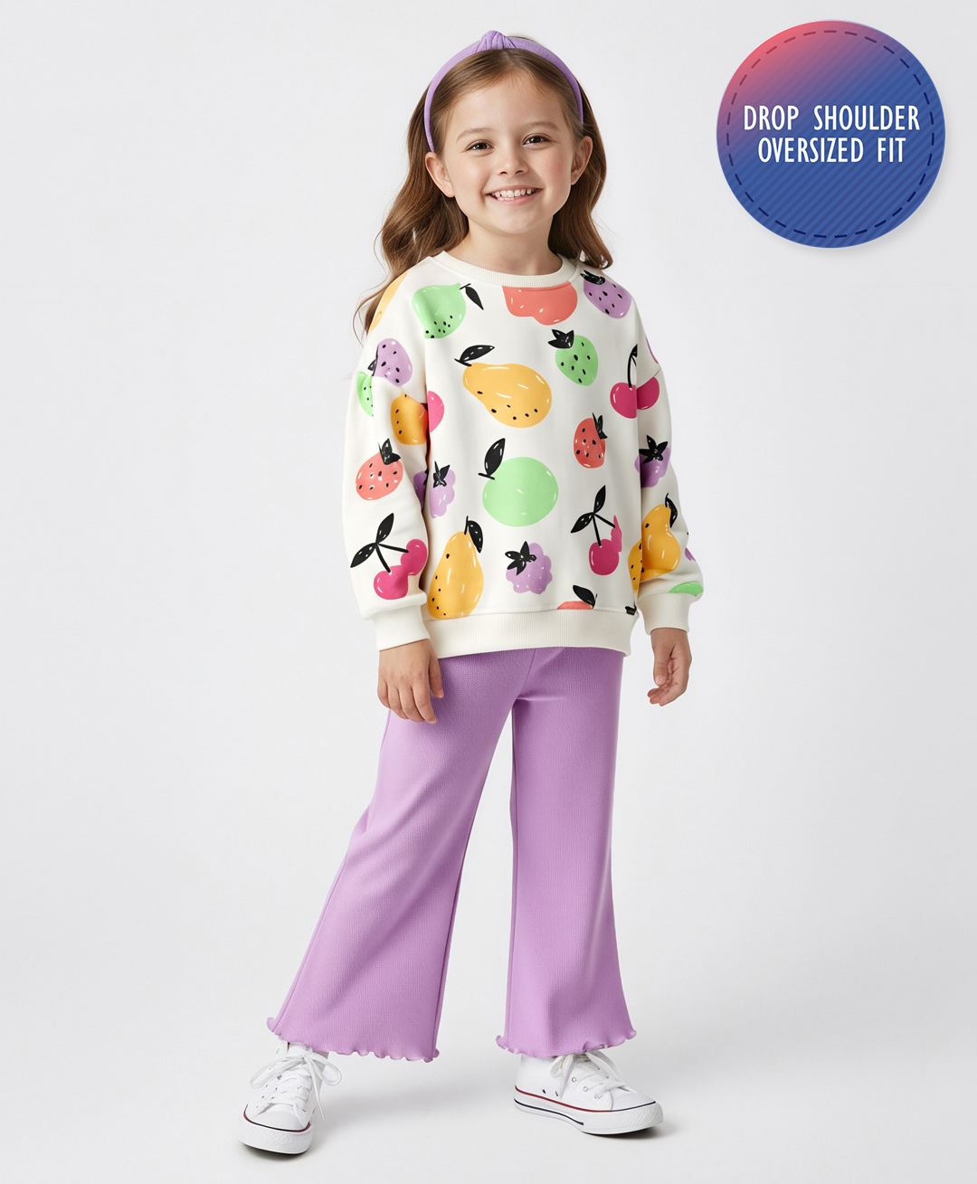 Bonfino 100% Cotton Knit Full Sleeves Oversized French Terry Sweatshirt & Legging Set With Tropical Theme Print - Lavender & Off White-picture-28