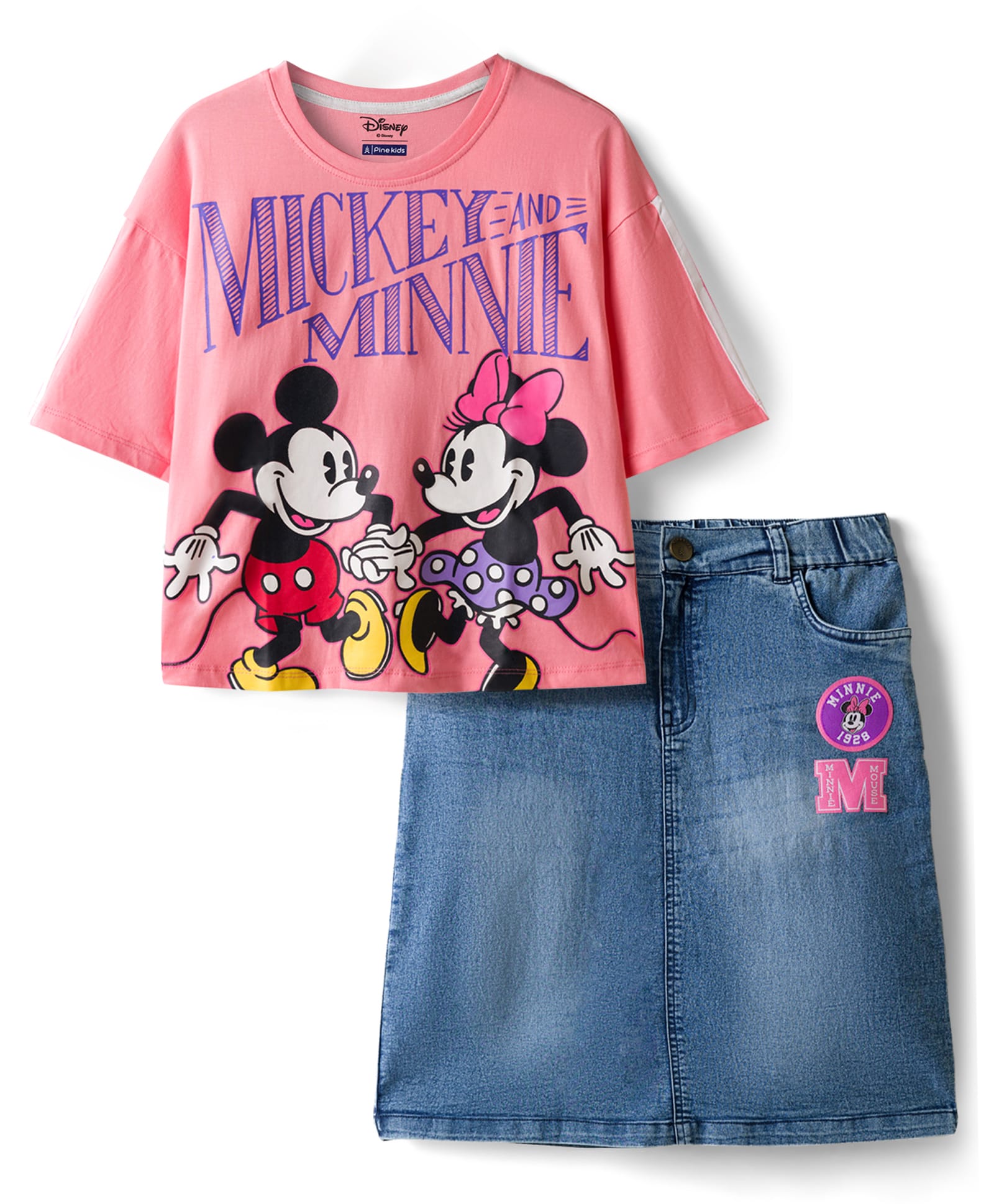 Pine Kids Disney Single Jersey Knit Oversize Drop Shoulder Half Sleeves T-Shirts & Skirt Set with Minnie Mouse Graphics - Pink & Blue-picture-38