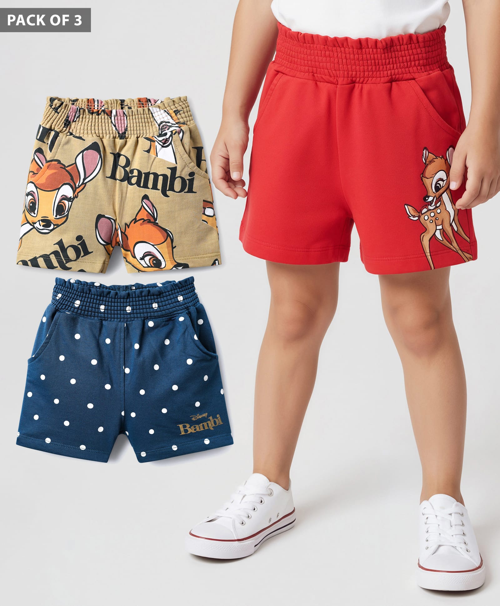 Babyoye Disney 100% Cotton Mid Thigh Shorts With Bambi Graphics Pack Of 3 - Red Navy Blue & Cream-picture-7