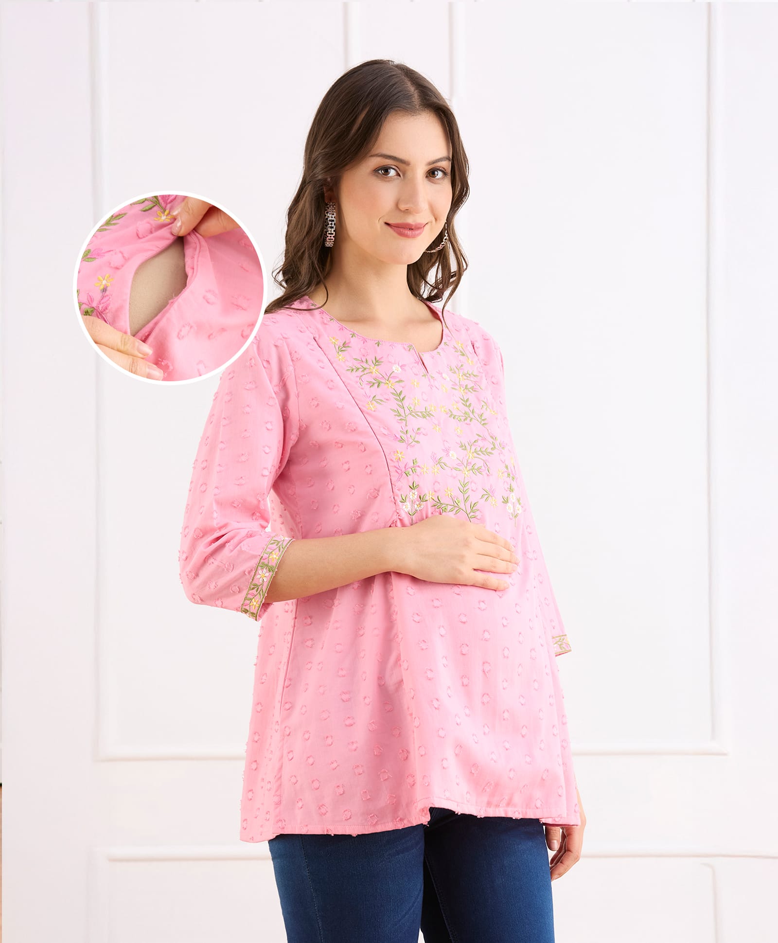 Bella Mama Woven Three Fourth Sleeves Maternity Top With Floral Embroidered Yoke - Pink