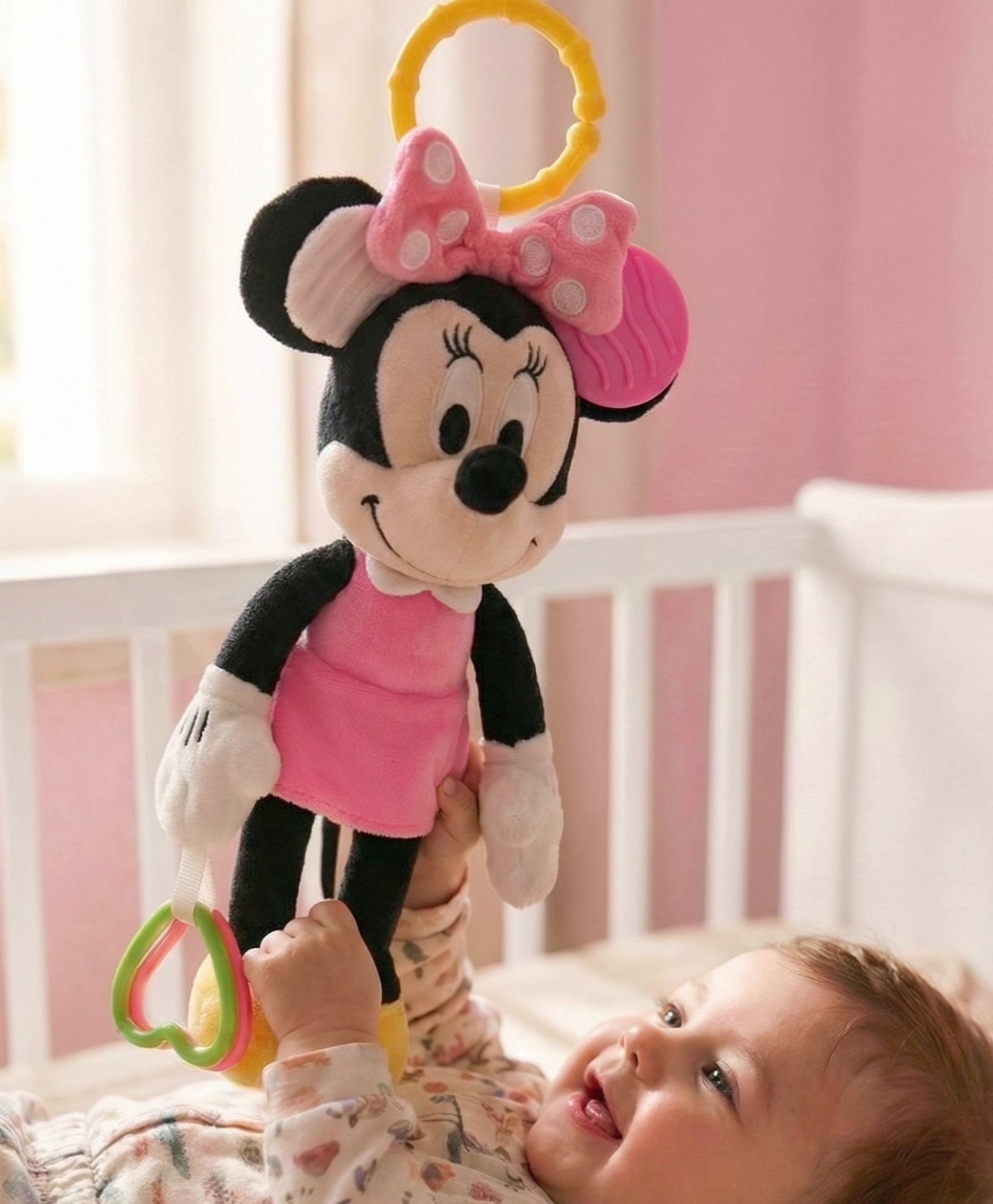 Babyhug Disney Minnie Mouse Activity Plush Hanging Toy with Teether, Rattle & Crinkle Ear| Toy for Crib, Stroller & Car Seat| Supports Sensory Development| BIS Certified - Height 29 cm-picture-11