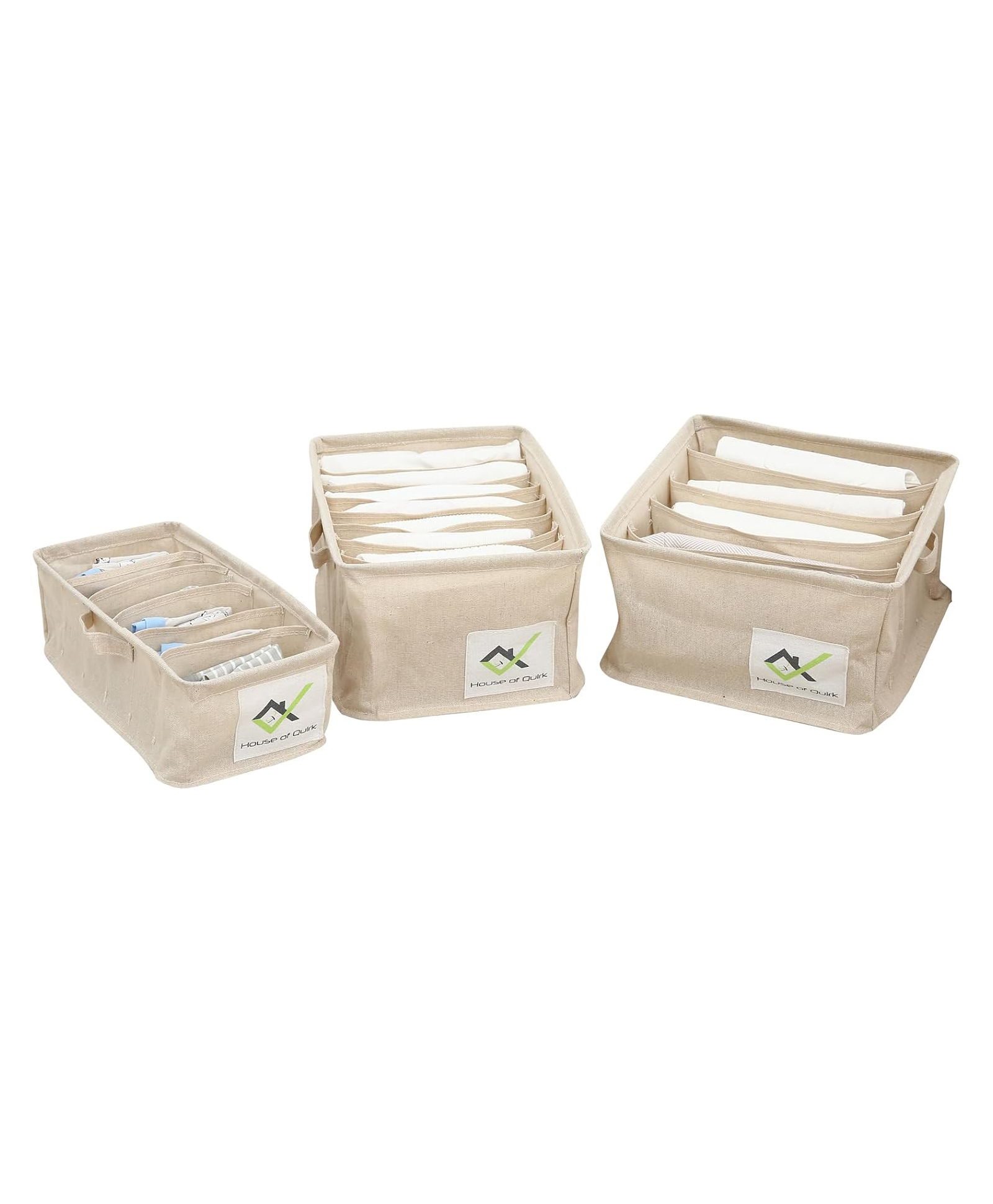 House of Quirk Cotton Linen Set Of 3 Underwear Organizer Set - 5/6/9-Compartment Dividers For Closet & Drawer - Beige-picture-29