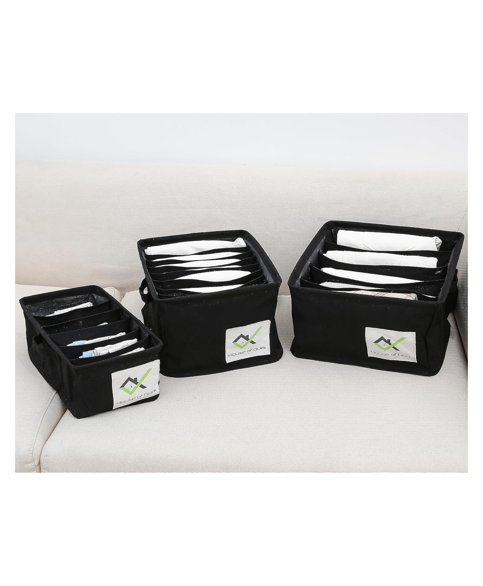 House of Quirk Cotton Linen Set Of 3 Underwear Organizer Set - 5/6/9-Compartment Dividers For Closet & Drawer - Black-image-9