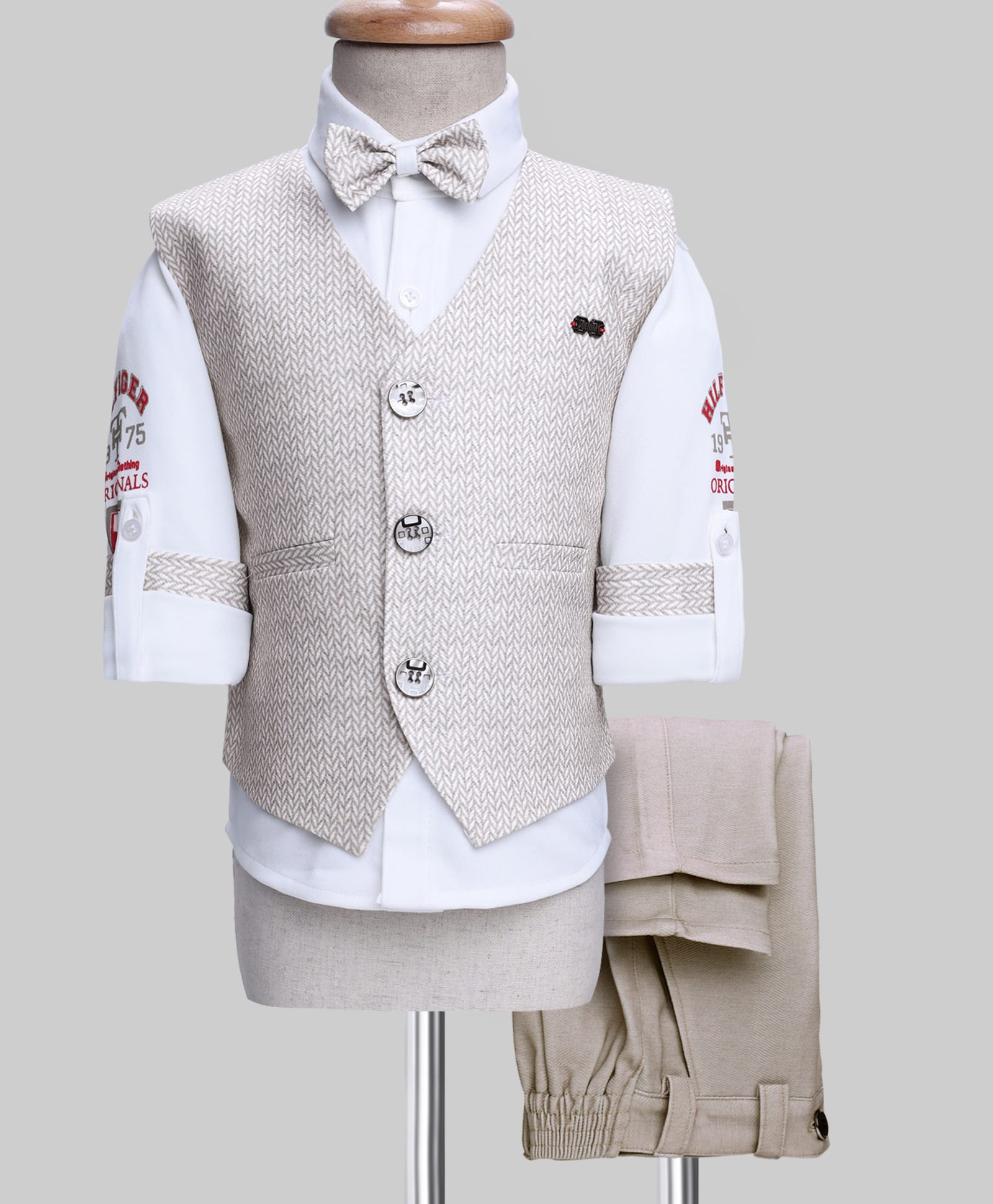 Rikidoos Full Sleeves Chevron Textured & Typography Printed 3 Piece Party Suit With Bow Set - White & Beige-image-46