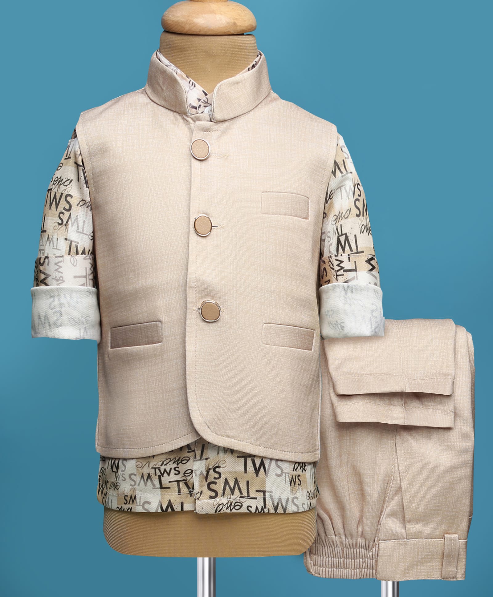 Rikidoos Full Sleeves Typography Printed 3 Piece Party Suit Set - Beige-picture-17