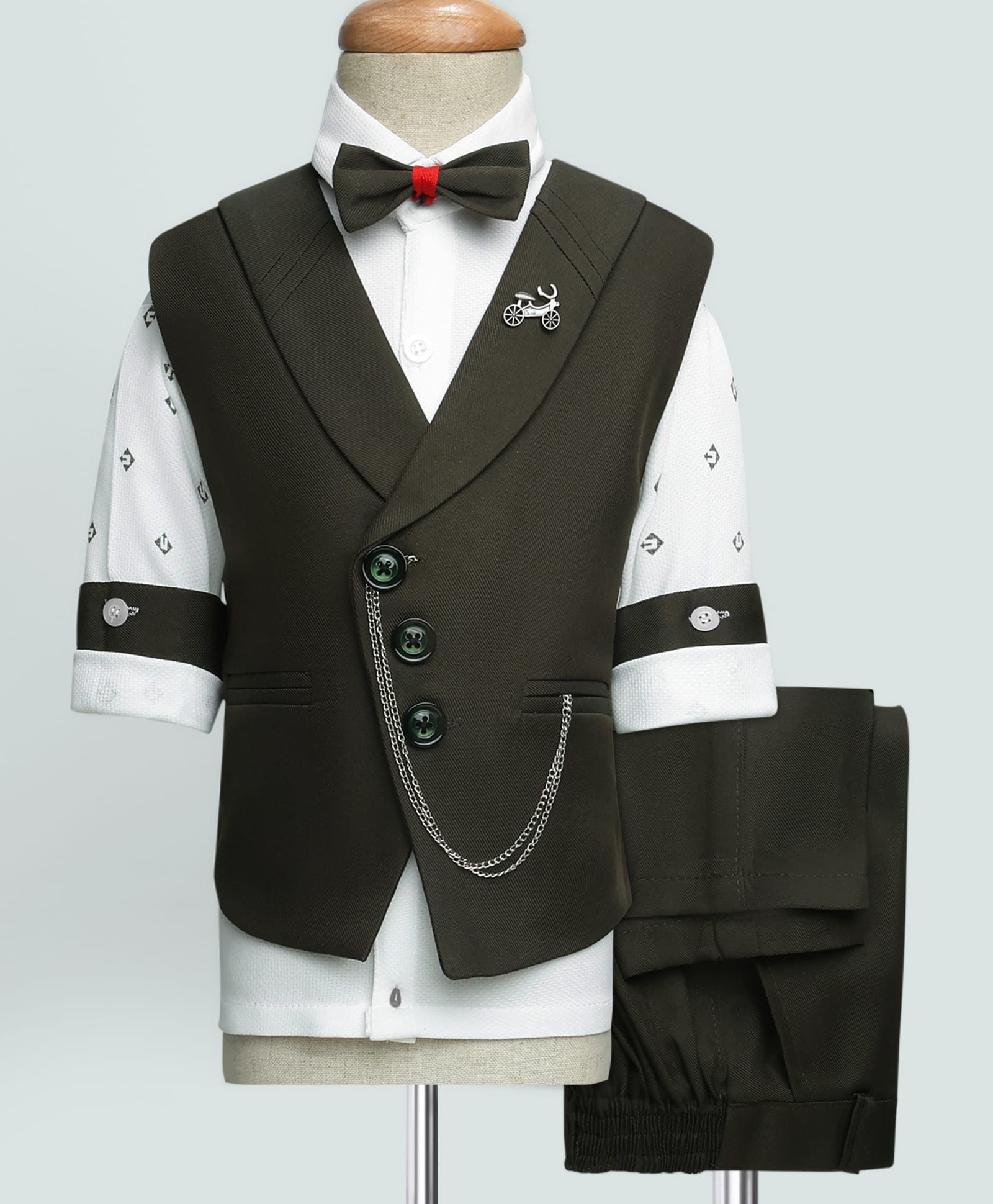 Rikidoos Full Sleeves Textured & Abstract Printed 3 Piece Party Suit With Bow Set - White & Dark Green-picture-30