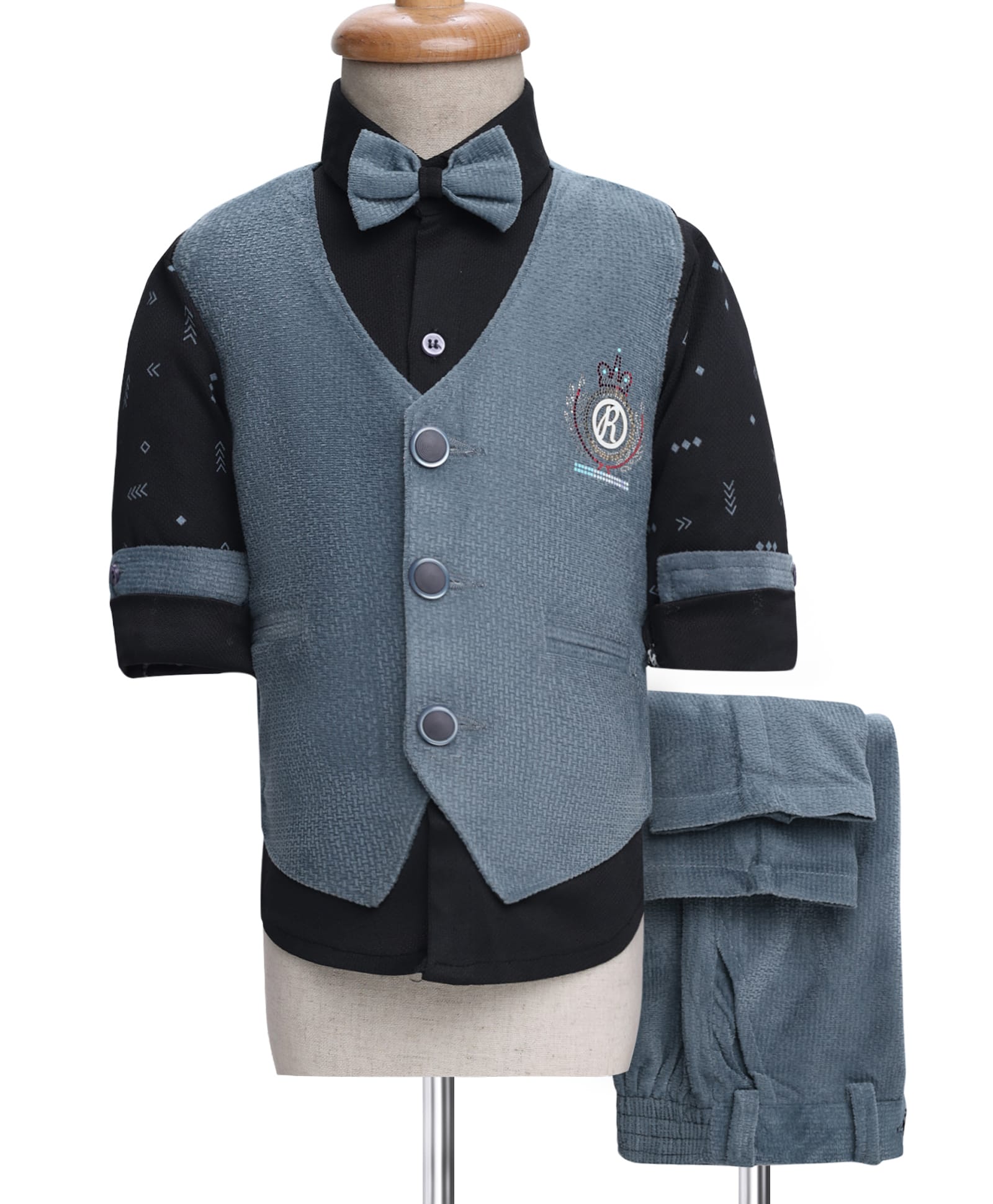 Rikidoos Full Sleeves Textured & Arrow Printed 3 Piece Party Suit With Bow Set - Light Blue & Black-image-15