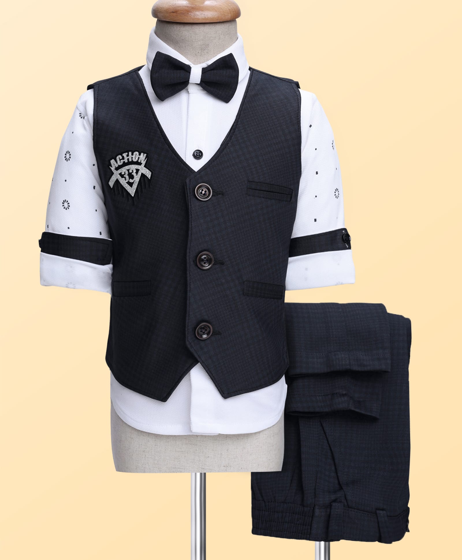 Rikidoos Full Sleeves Checked & Action Text Glitter Patch Detailed 3 Piece Party Suit With Bow Set - Dark Grey & White-picture-10