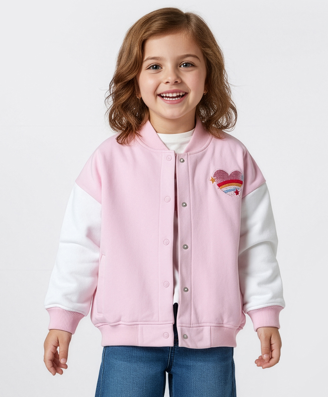 Bonfino 100% Cotton French Terry Knit Full Sleeves Oversized Bomber Jacket with Heart & Rainbow Embroidery - Pink-picture-11