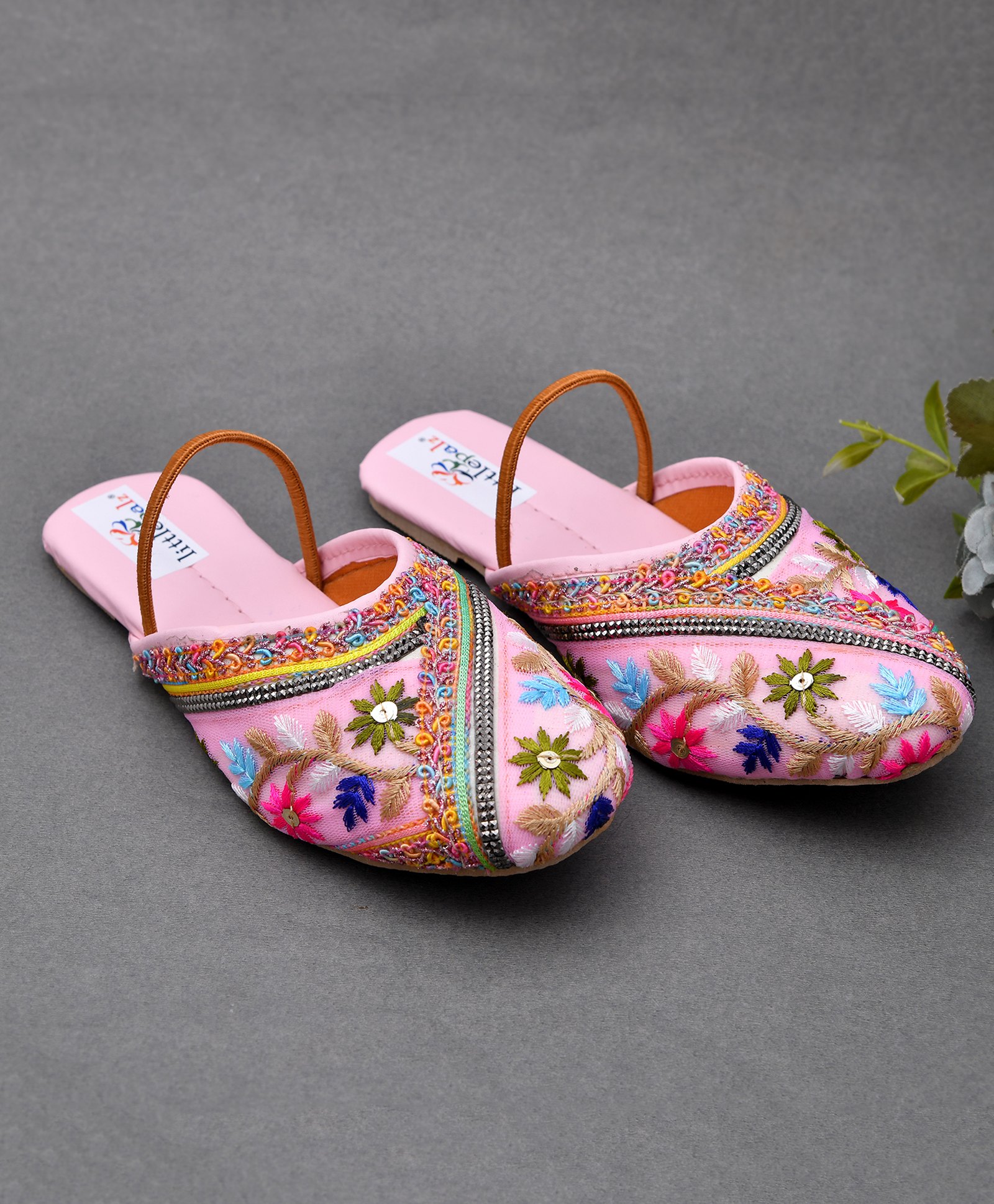Little Palz Floral Embroidered & Sequins Embellished Mojaris - Light Pink-image-27