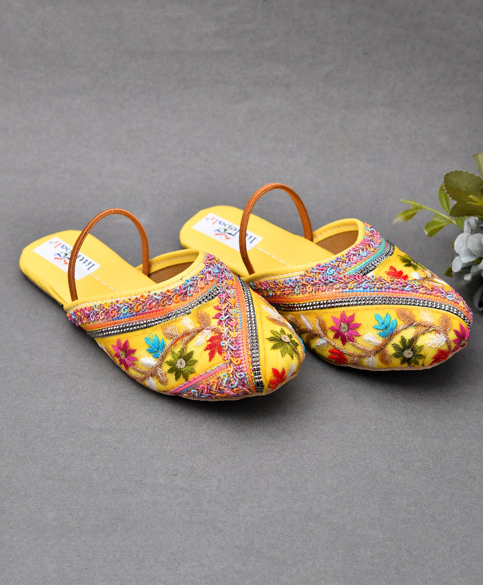 Little Palz Floral Embroidered & Sequins Embellished Mojaris - Yellow