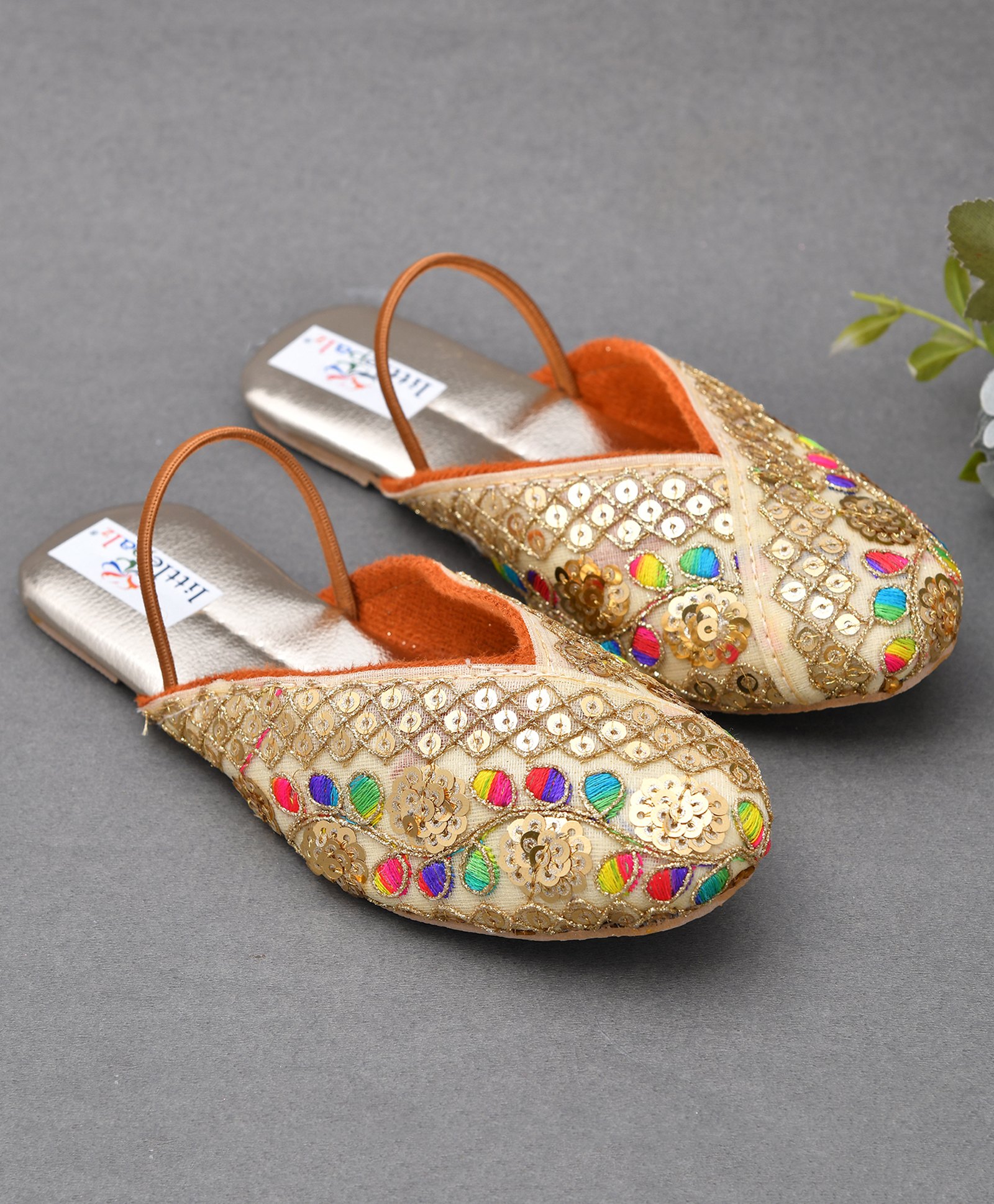 Little Palz Floral Shaped Sequins Embellished Mojaris - Golden-picture-19