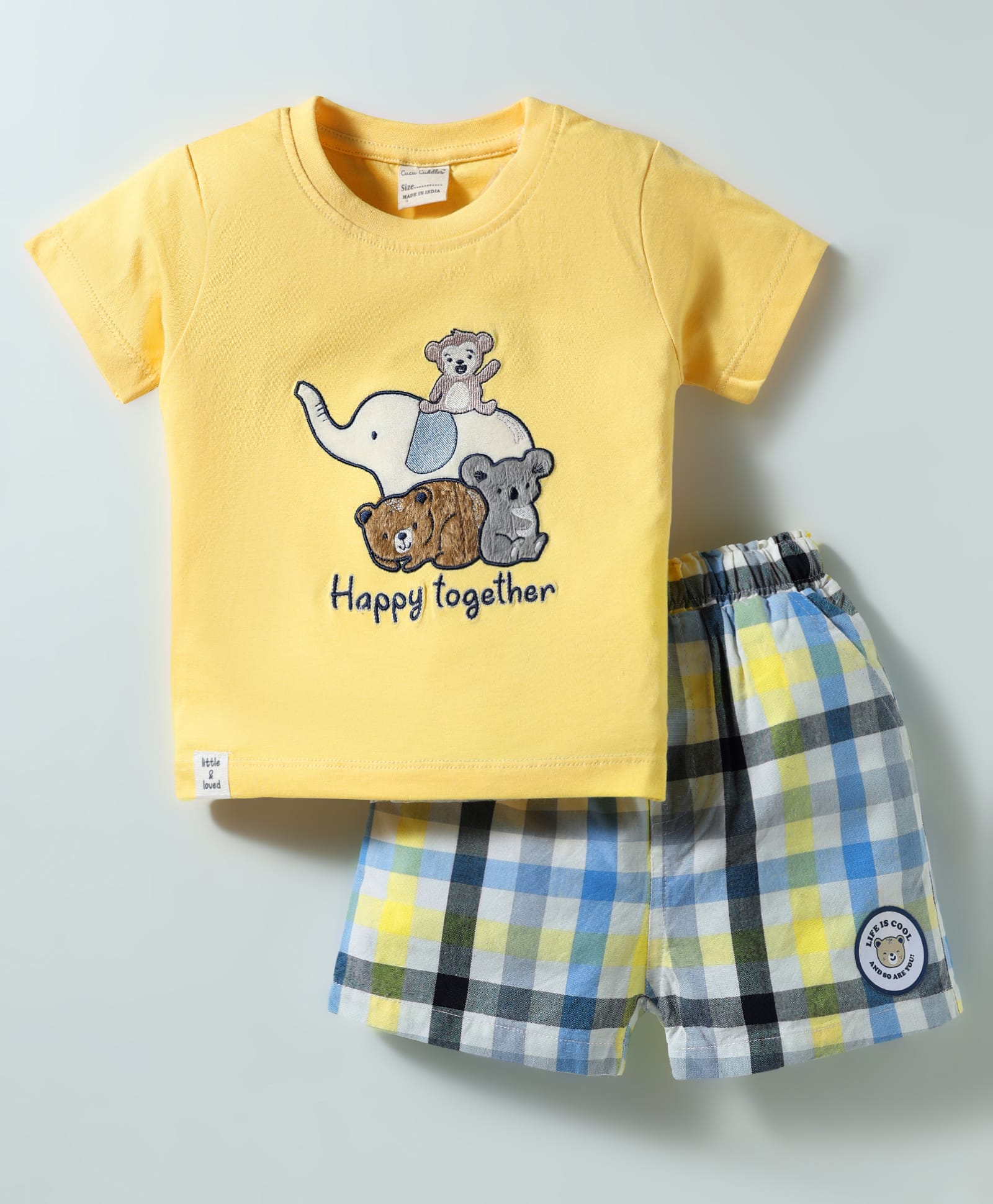 CUCUMBER Single Jersey Knit Half Sleeves Shorts Night Suit With Animal Embroidery - Yellow-image-16