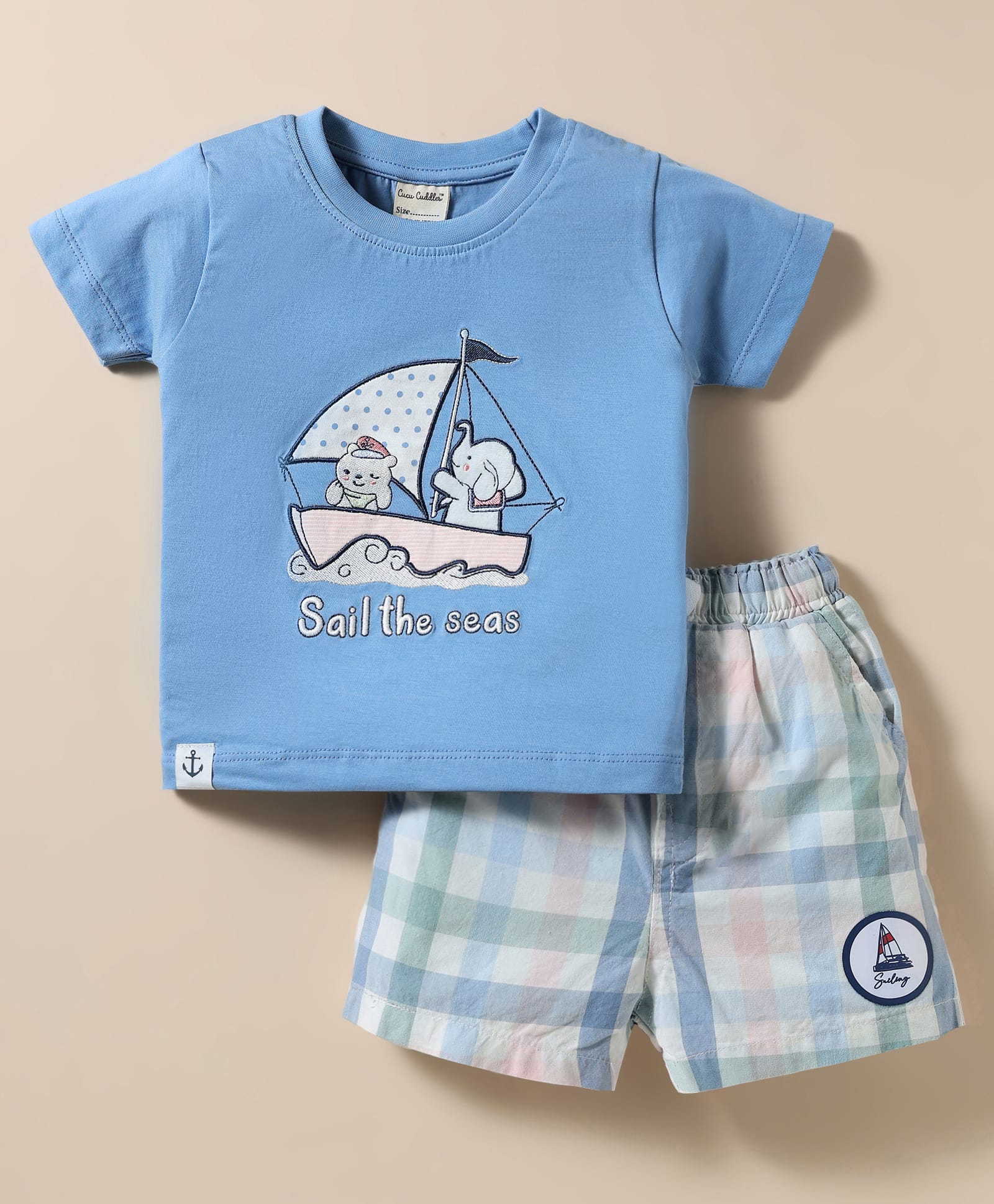 CUCUMBER Single Jersey Knit Half Sleeves Embroidered Shorts Night Suit With Nautical Theme & Checks - Light Blue-image-41