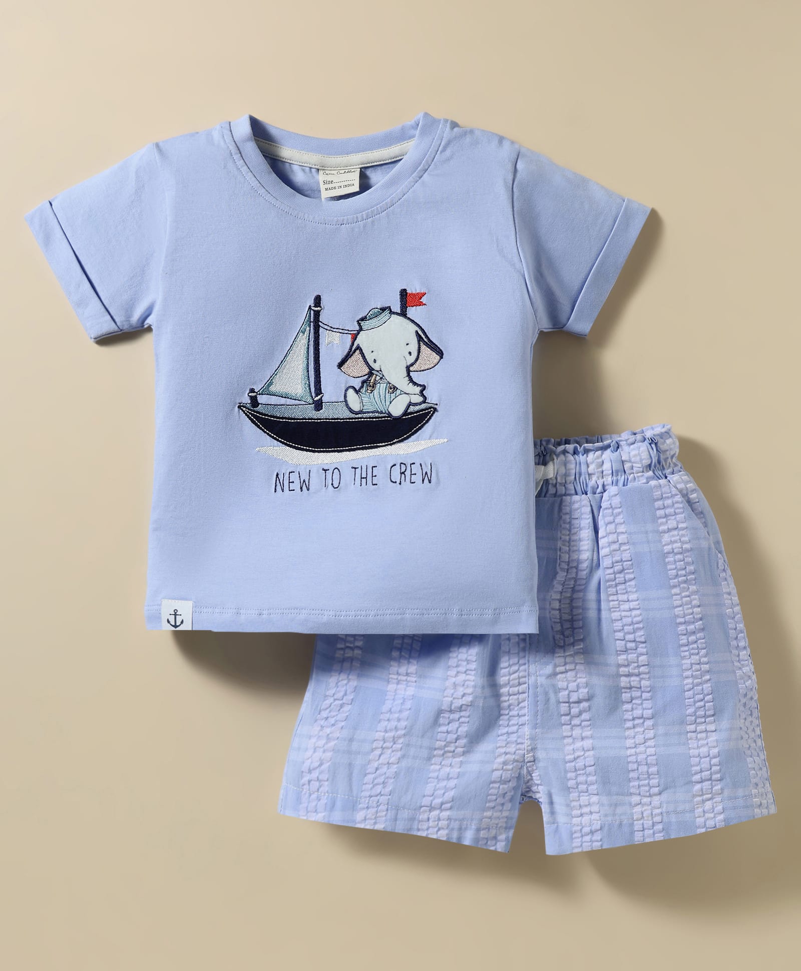 CUCUMBER Single Jersey Knit Half Sleeves Embroidered Shorts Night Suit With Nautical Theme & Checks - Light Blue-picture-11