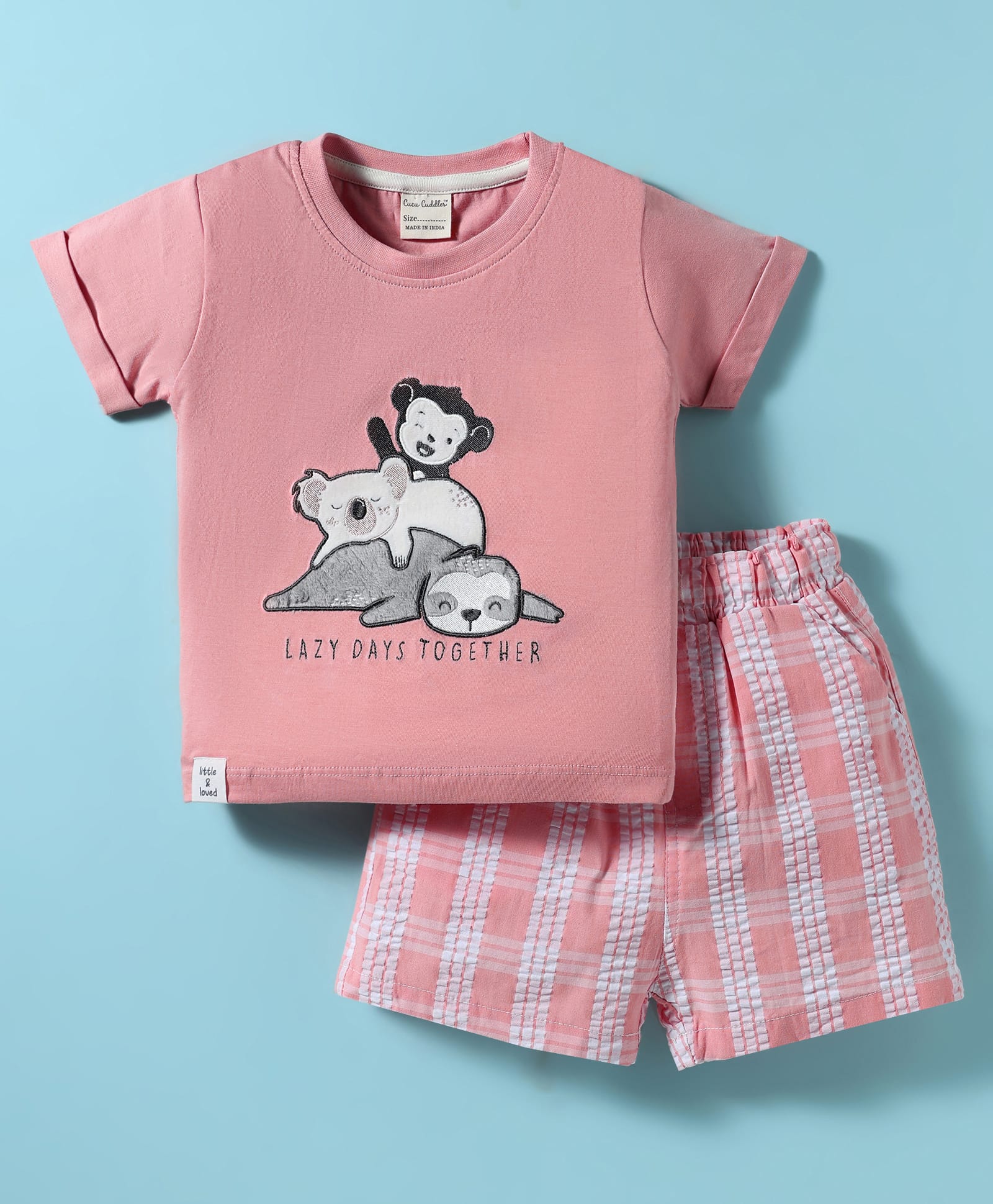 CUCUMBER Single Jersey Knit Half Sleeves Embroidered Shorts Night Suit With Animal Theme & Checks - Pink-image-9