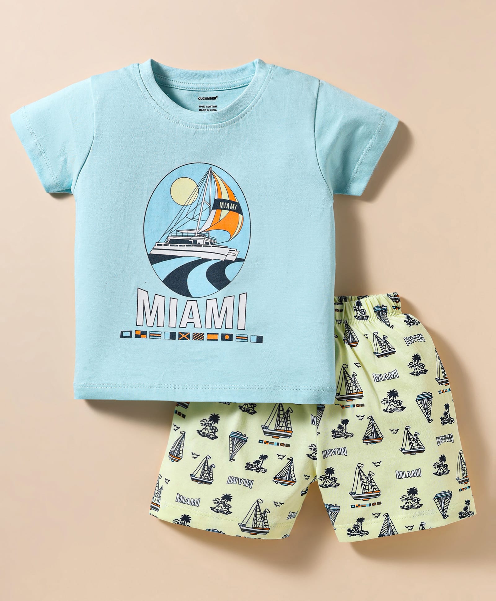 CUCUMBER Single Jersey Knit Half Sleeves Shorts Night Suit With Nautical Theme Print - Light Blue-picture-30