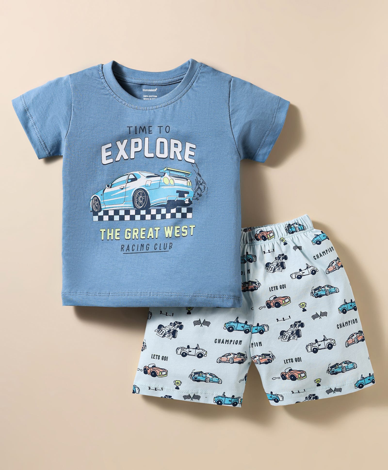 CUCUMBER Single Jersey Knit Half Sleeves Shorts Night Suit With Vehicles Print - Light Blue-picture-31