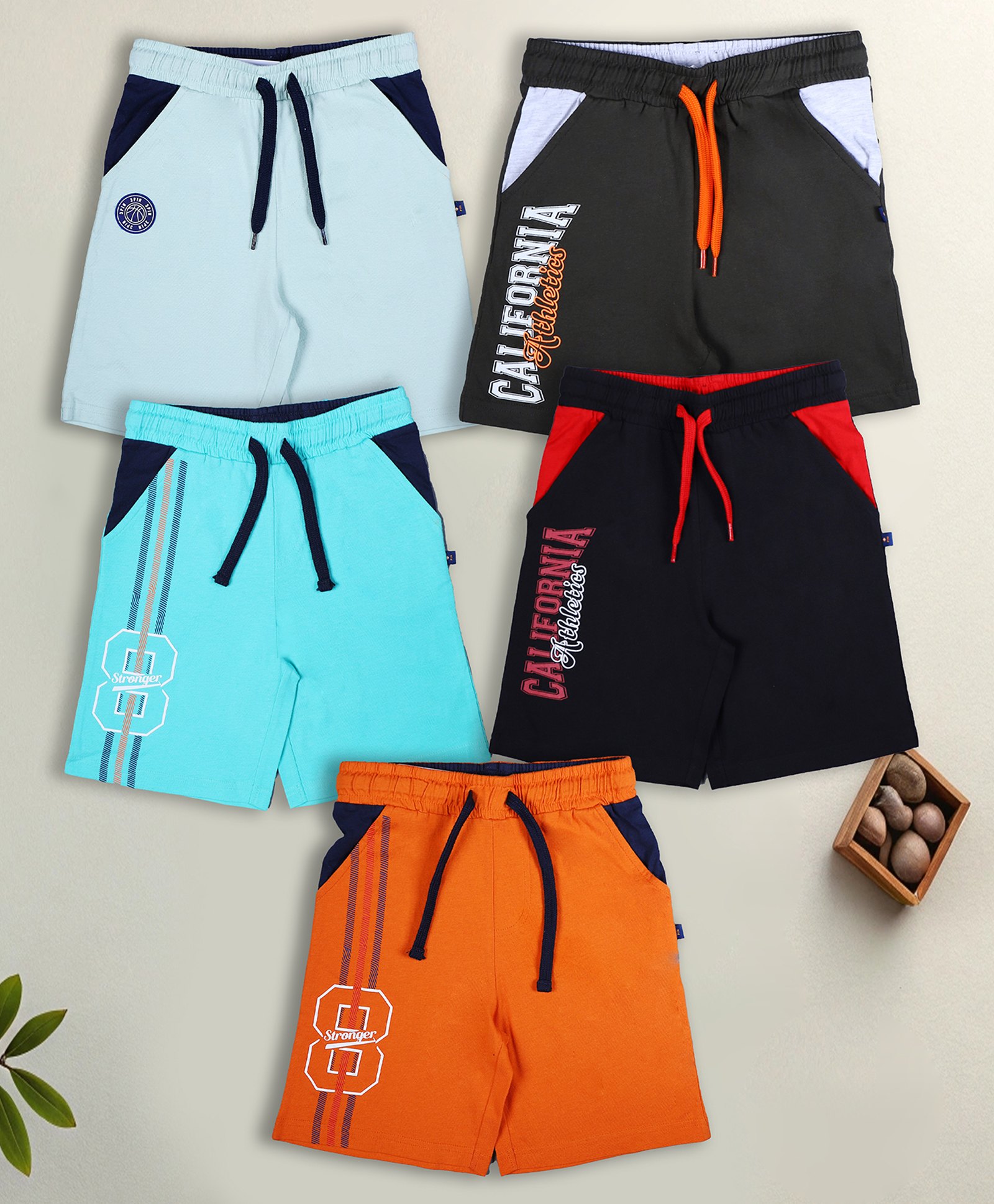 3PIN Single Jersey Pack Of 5 California Athletics Text Printed Shorts - Multi Colour-picture-18