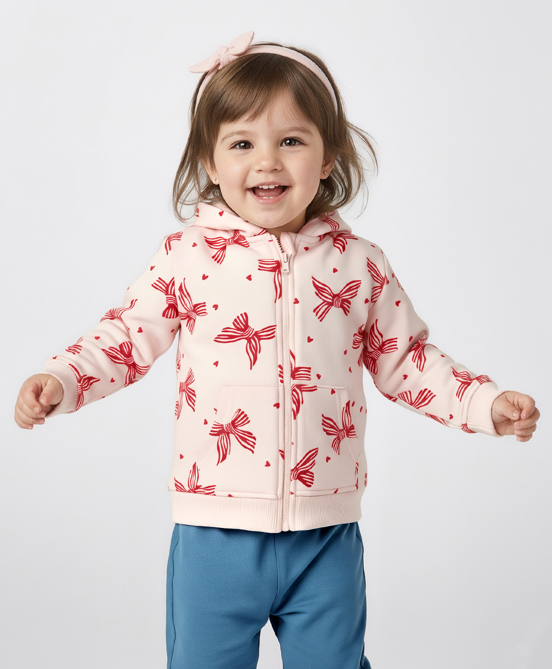 Bonfino 100% Cotton French Terry Knit Full Sleeves Oversized Hooded Sweatjacket with Heart Print & Kangaroo Pocket - Light Pink-image-48
