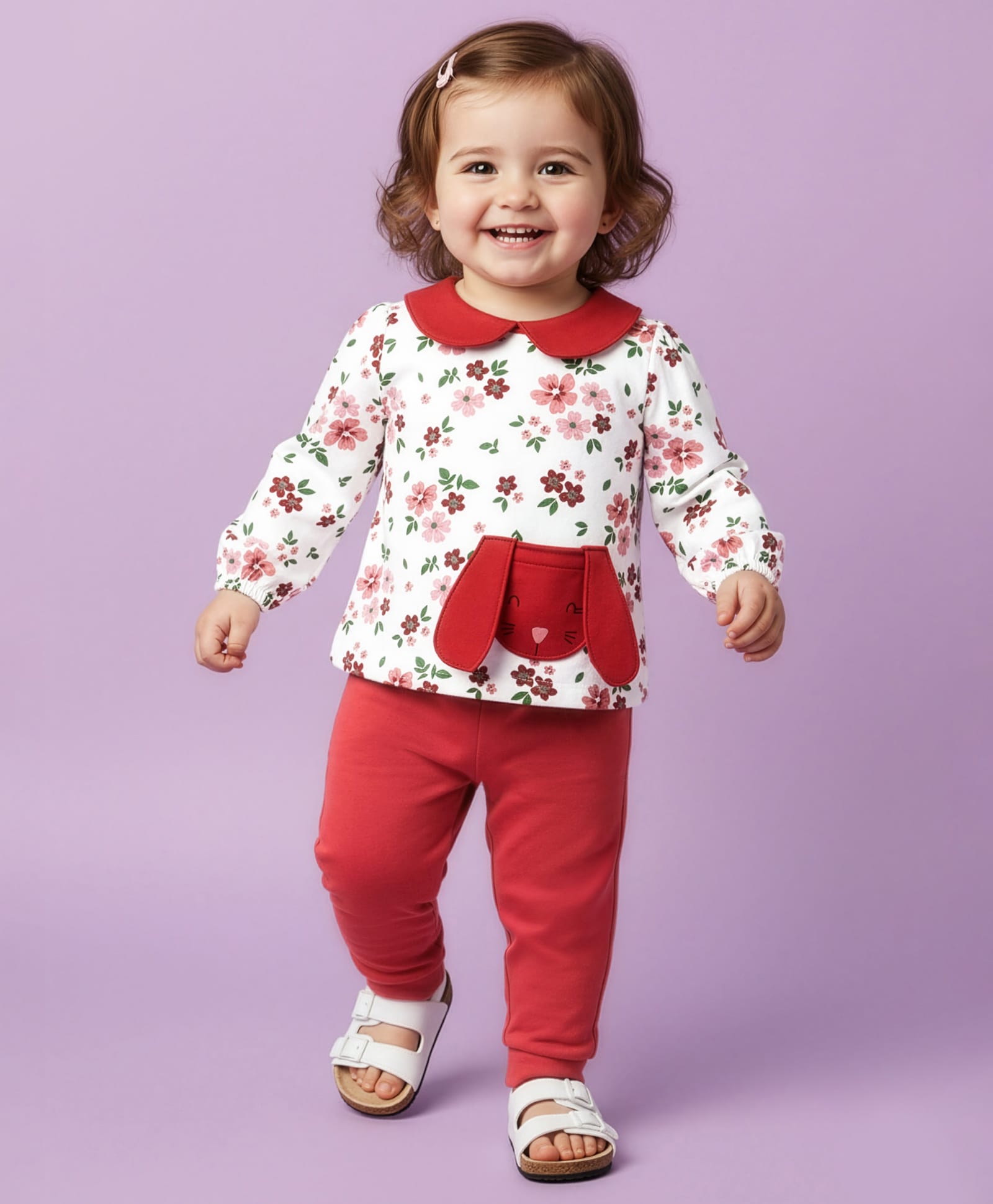 Babyoye Cotton Knit Full Sleeves Peter Pan Collar Top & Lounge Pant Set With Floral Print - Red-picture-39