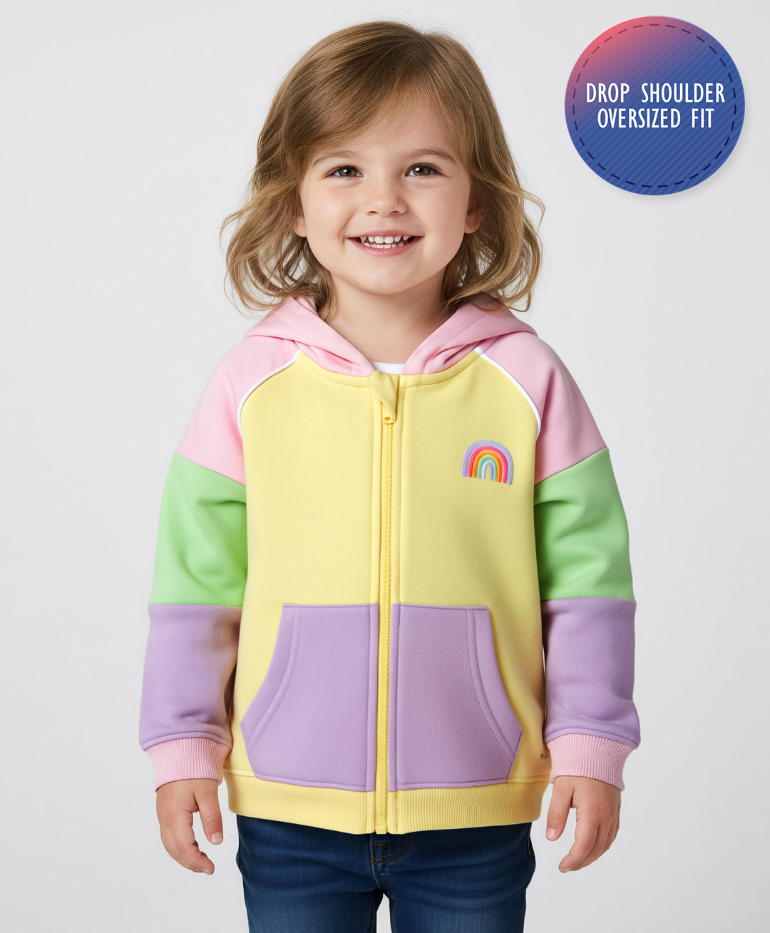 Bonfino 100% Cotton French Terry Full Raglan Sleeves Oversized Hooded SweatJacket with Rainbow Print & Kangaroo Pocket - Multicolor-image-49