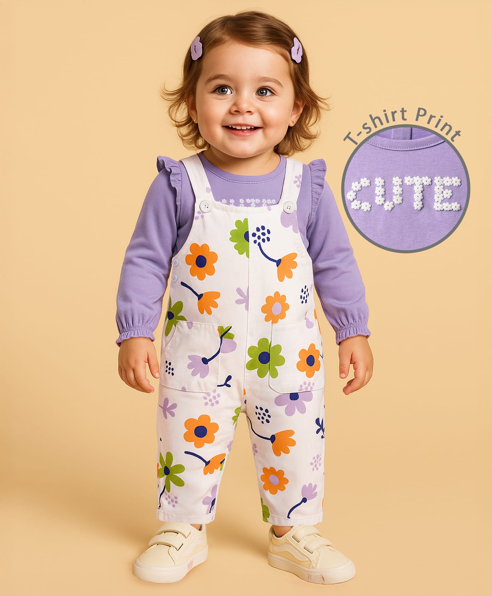 Babyoye Cotton Knit Dungaree & Full Sleeves T-Shirt With Floral Print - Purple & White-picture-24
