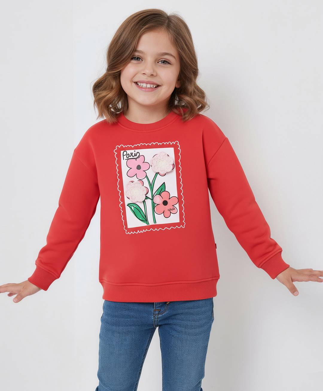 Bonfino 100% Cotton French Terry Knit Full Sleeves Oversized Sweatshirt With Floral Print & Crochet Applique - Red-picture-37