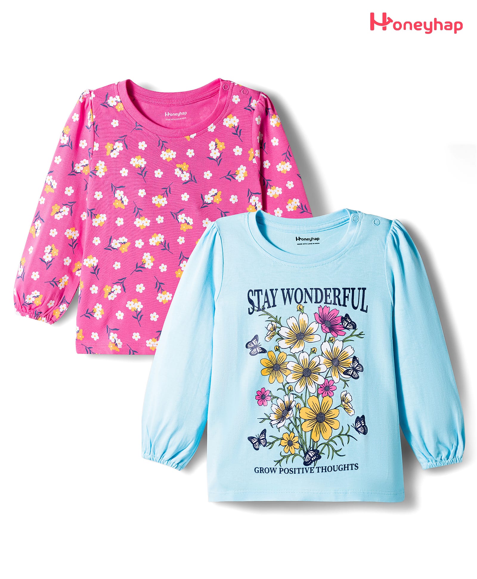 Honeyhap 100% Premium Cotton Bio Finish Full Sleeves Tops With Floral Print Pack Of 2 - Blue Elixir & Carmine Rose-image-33