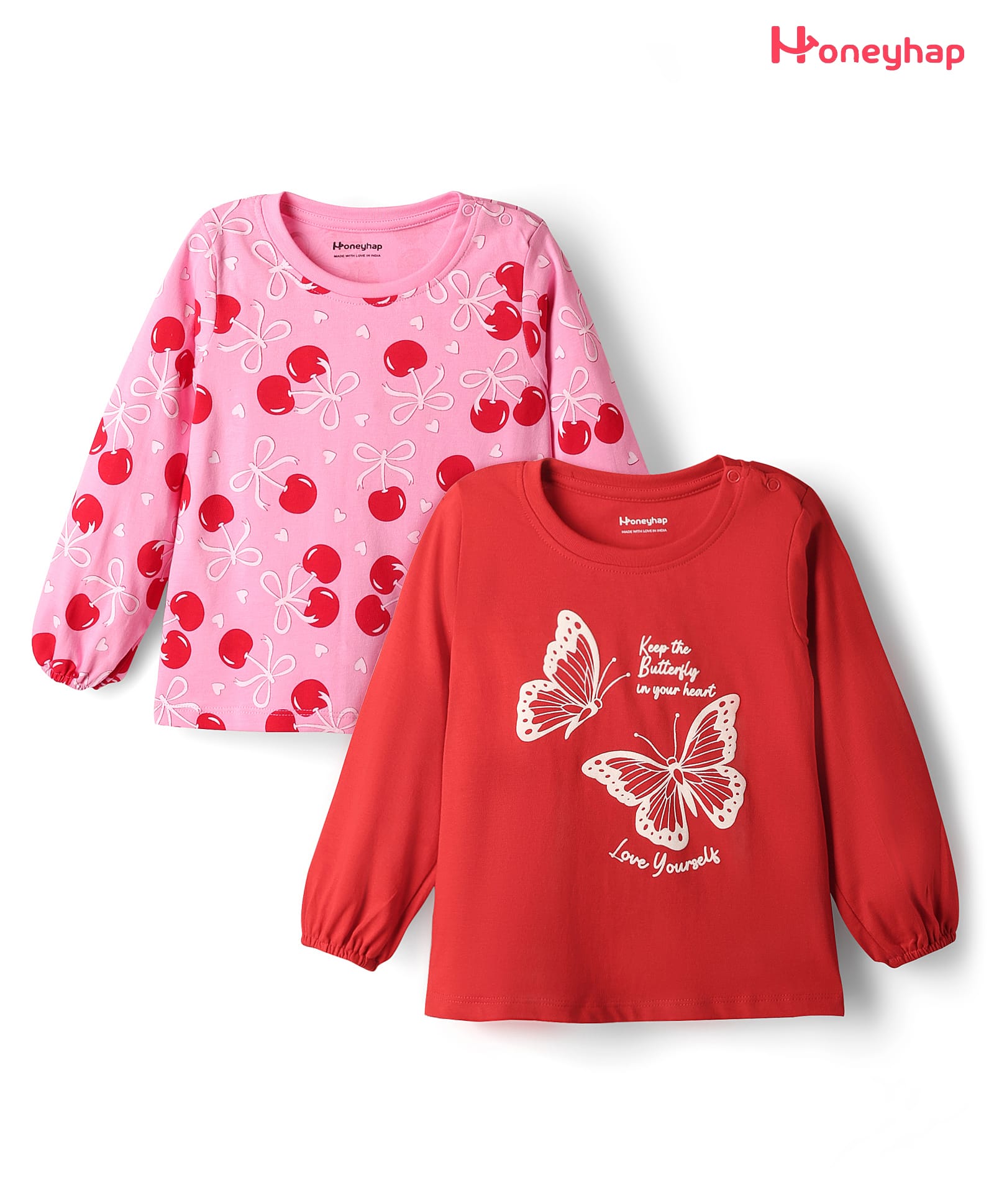 Honeyhap 100% Premium Cotton Bio Finish Full Sleeves Tops with Butterfly Print Pack of 2 - Bonbon & High Risk Red-image-19