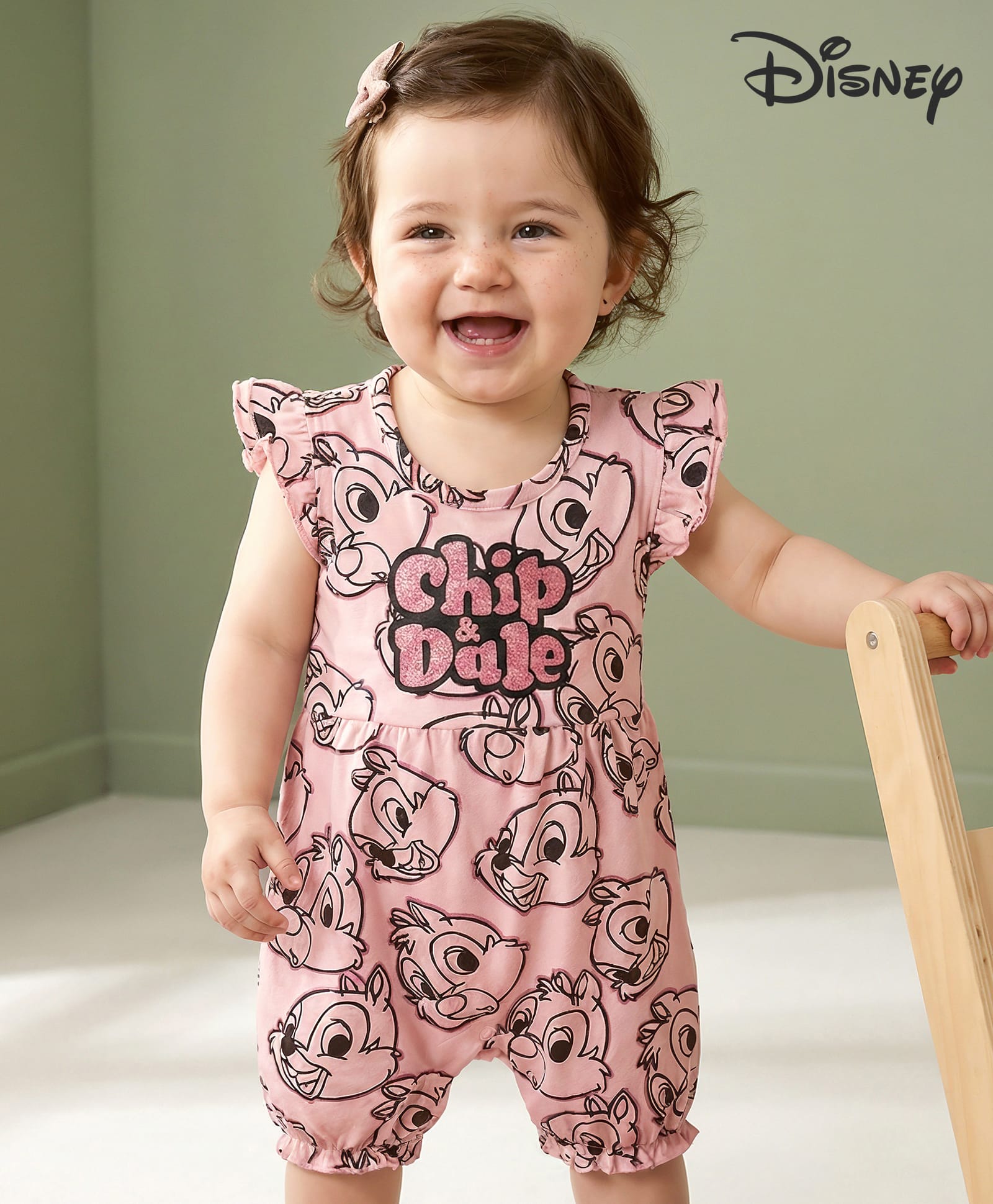 Babyhug Disney Interlock Knit Frill Sleeves Romper with Chip & Dale Print - Light Pink-image-9
