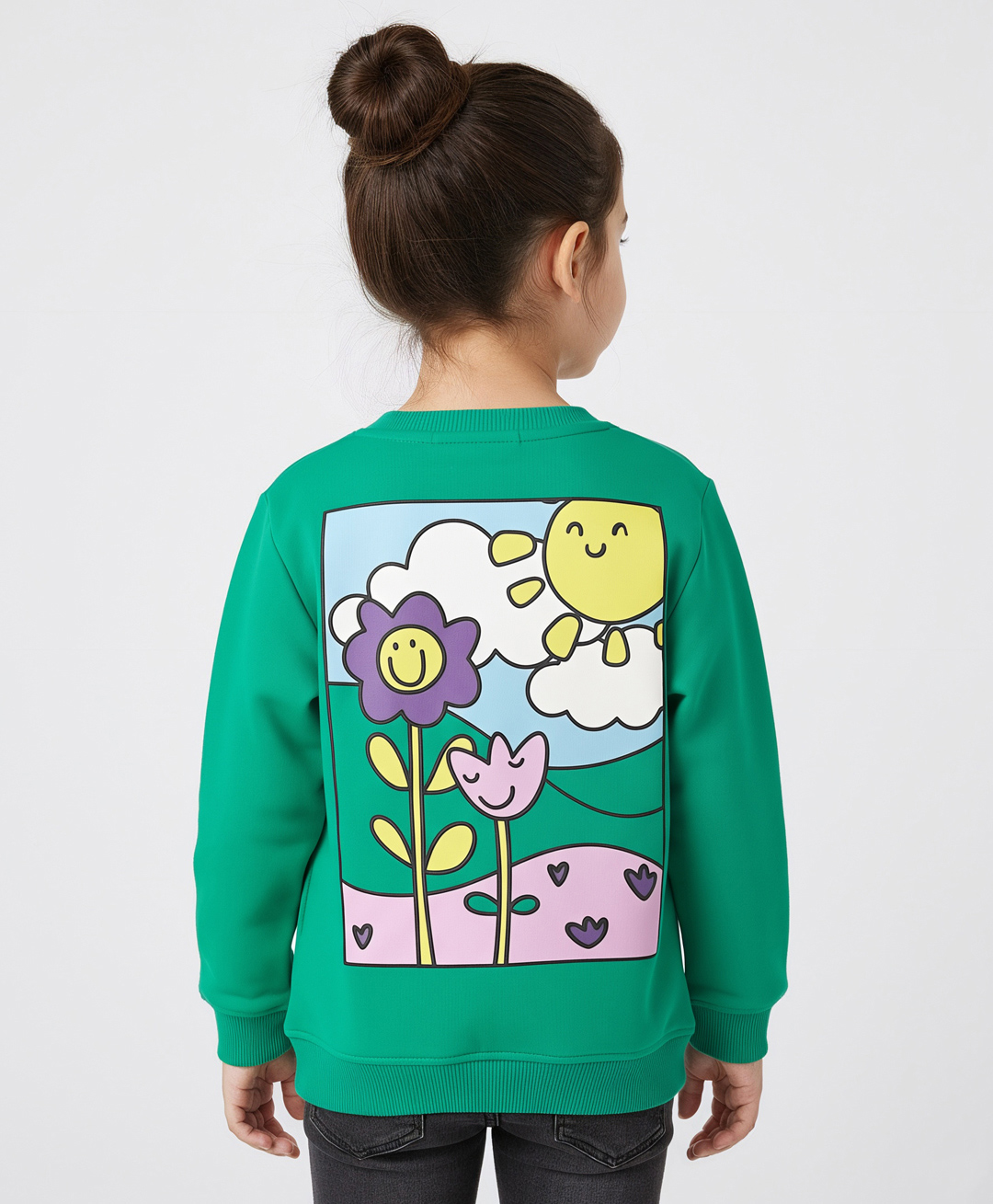 Bonfino 100% Cotton French Terry Oversized Full Sleeves Printed Sweatshirt with Front and Back Floral Print - Green-image-1