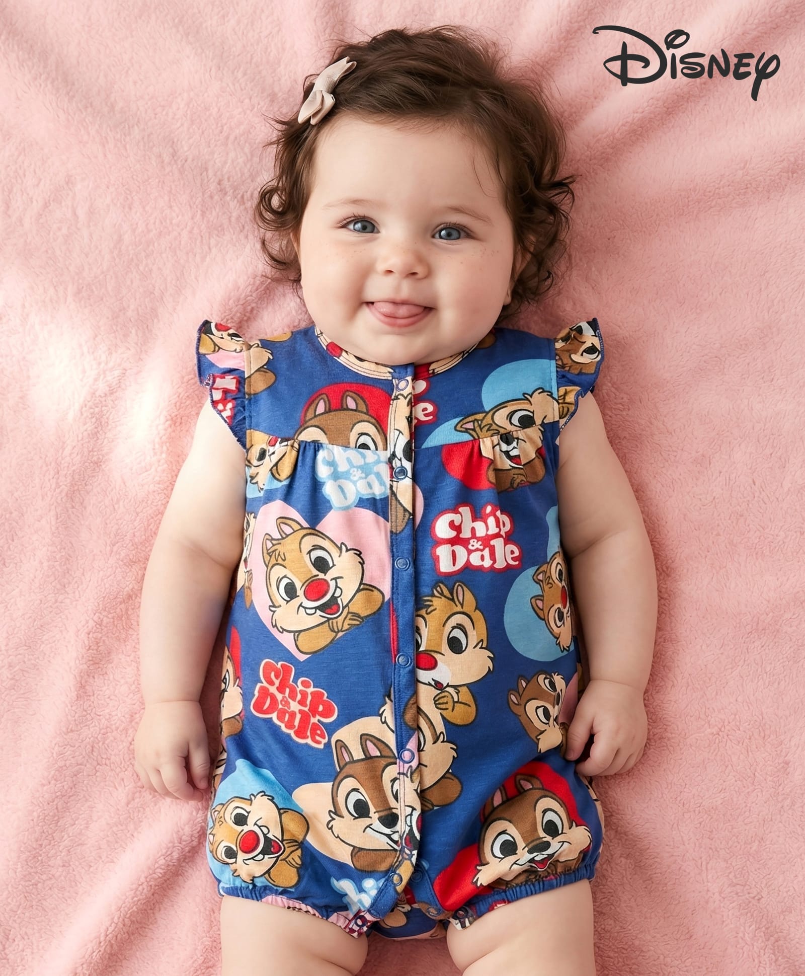 Babyhug Disney Interlock Knit Frill Sleeves Romper with Chip n Dale Print - Navy Blue-image-38