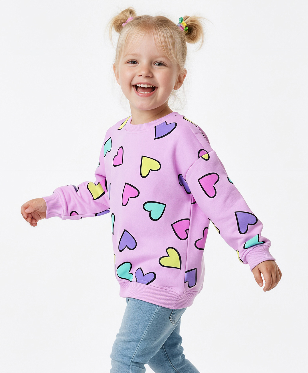 Bonfino 100% Cotton French Terry Knit Full Sleeves Oversized Sweatshirt With Heart Print - Pink-picture-8
