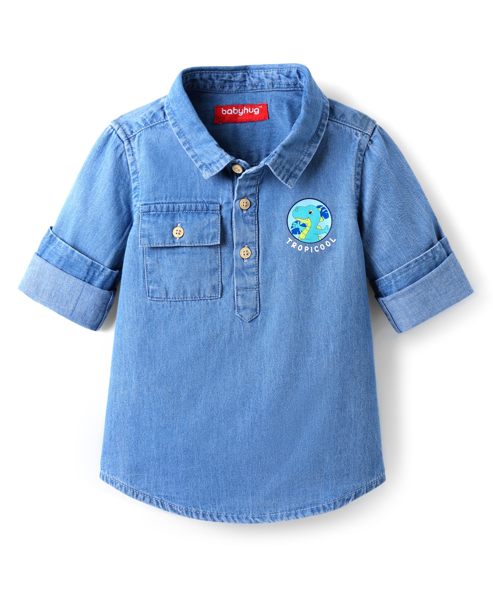 Babyhug 100% Cotton Full Sleeves Denim Shirt with Pockets & Dino Print - Blue-image-29