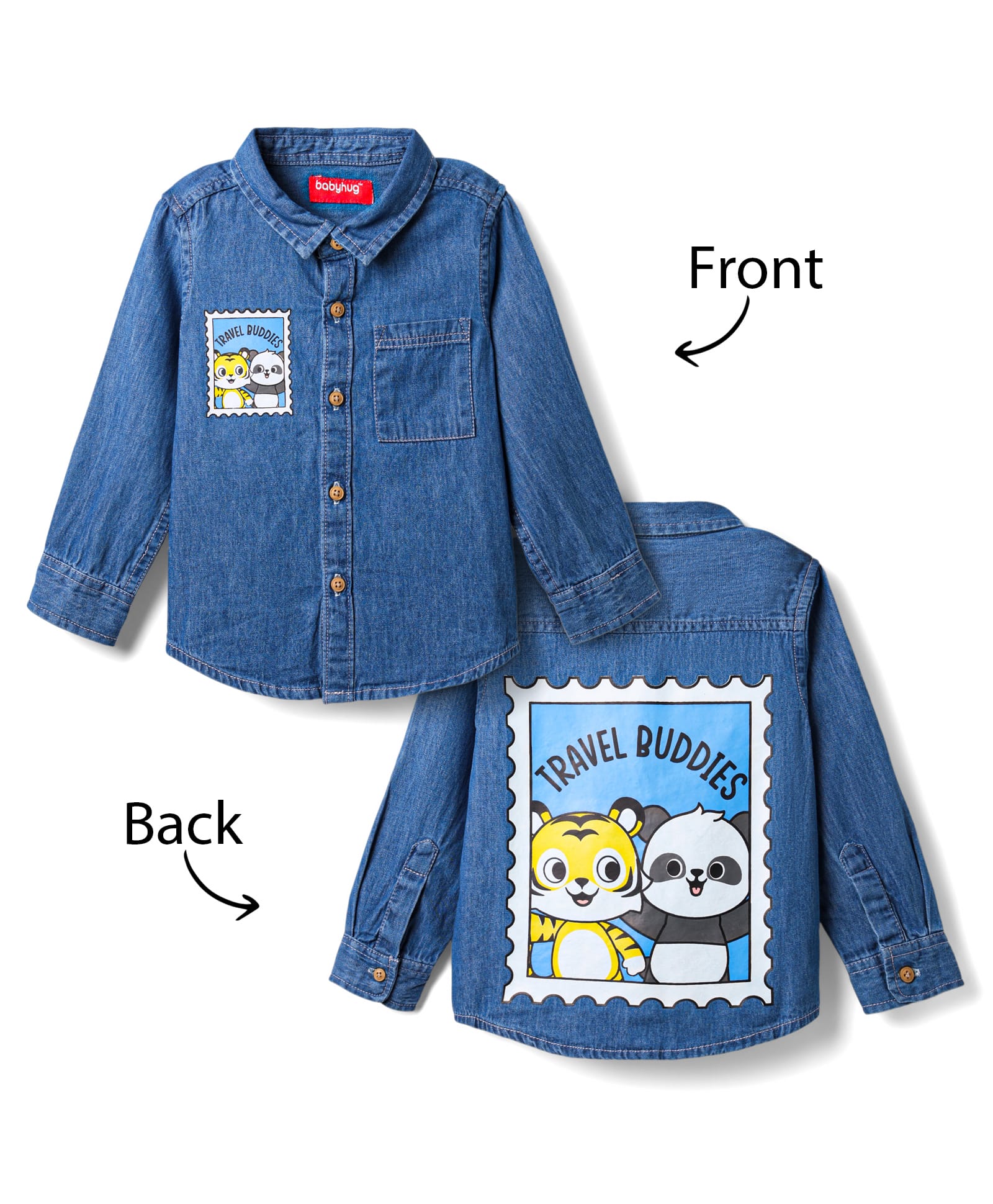 Babyhug Cotton Woven Full Sleeves Denim Washed Shirt with Animal Print - Blue-picture-24